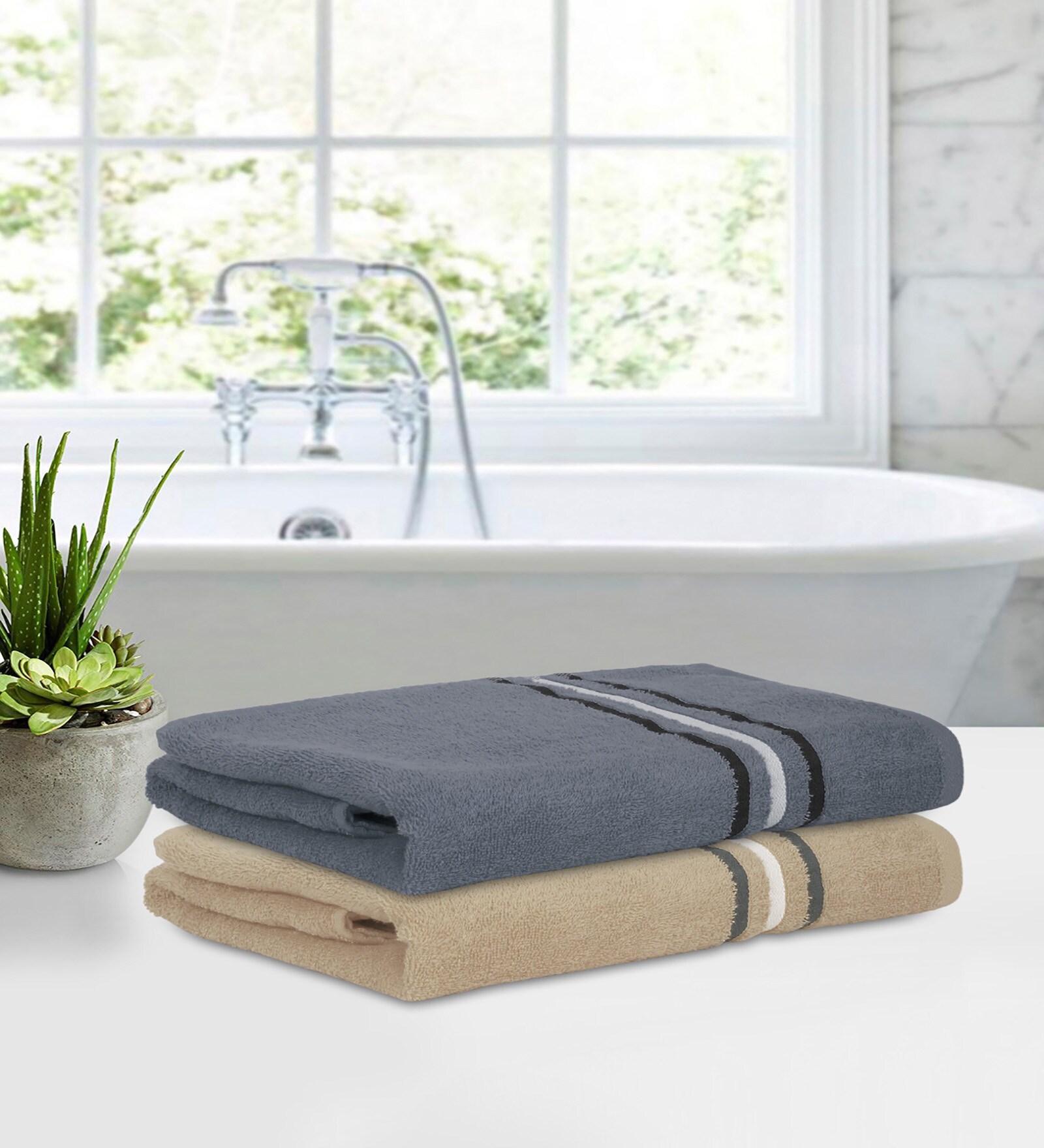Beige Cotton Solid 380 GSM Bath Towels (Set of 2)