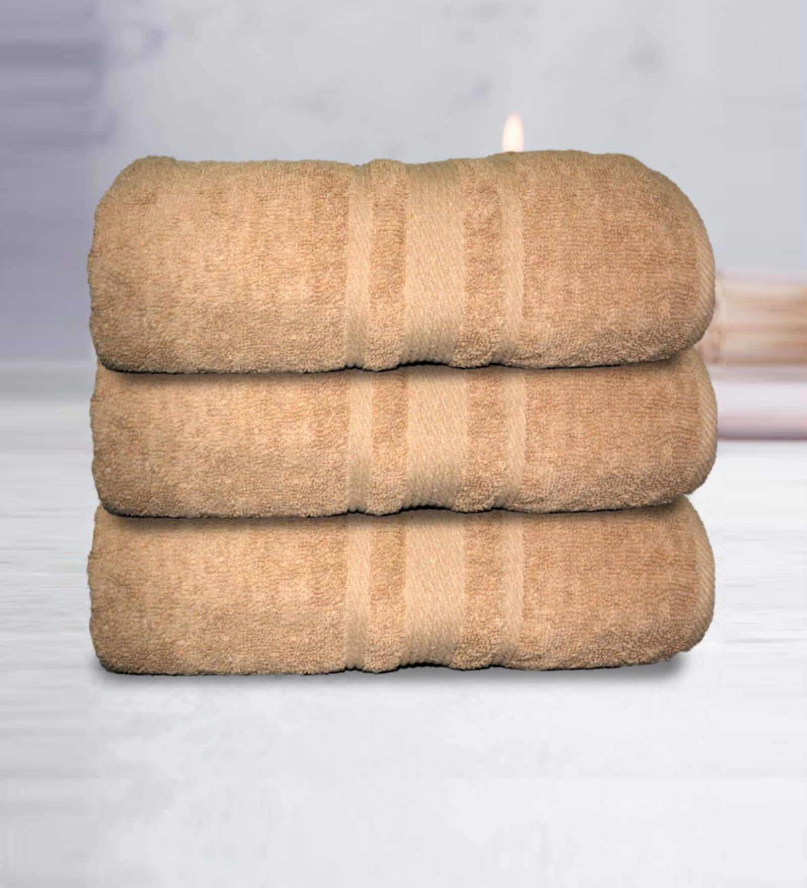 Beige Cotton Solid 500 GSM Bath Towels (Set of 3)