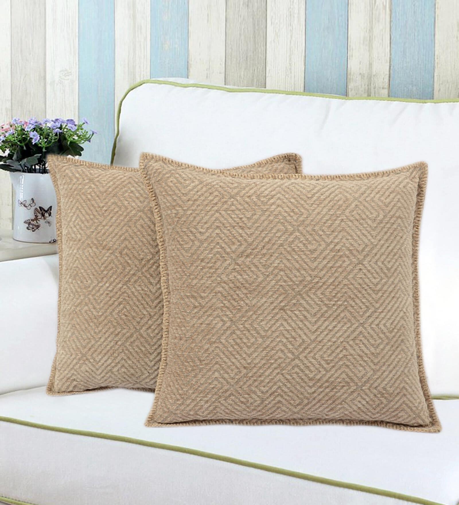 Beige Textured Cotton 16 x 16 Inches Cushion Covers (Set of 2)