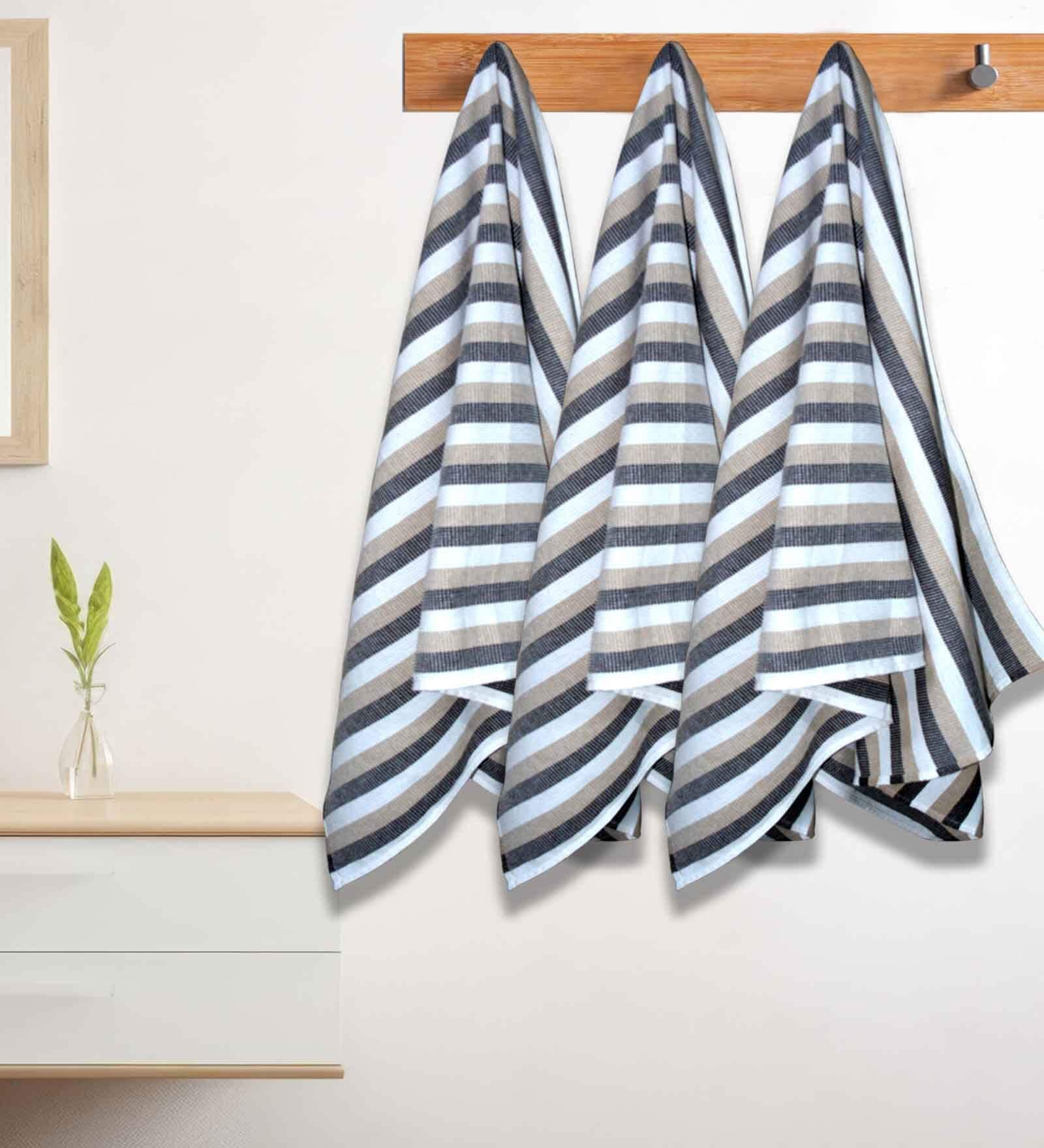Beige Cotton Striped 220 GSM Bath Towels 3 Pc