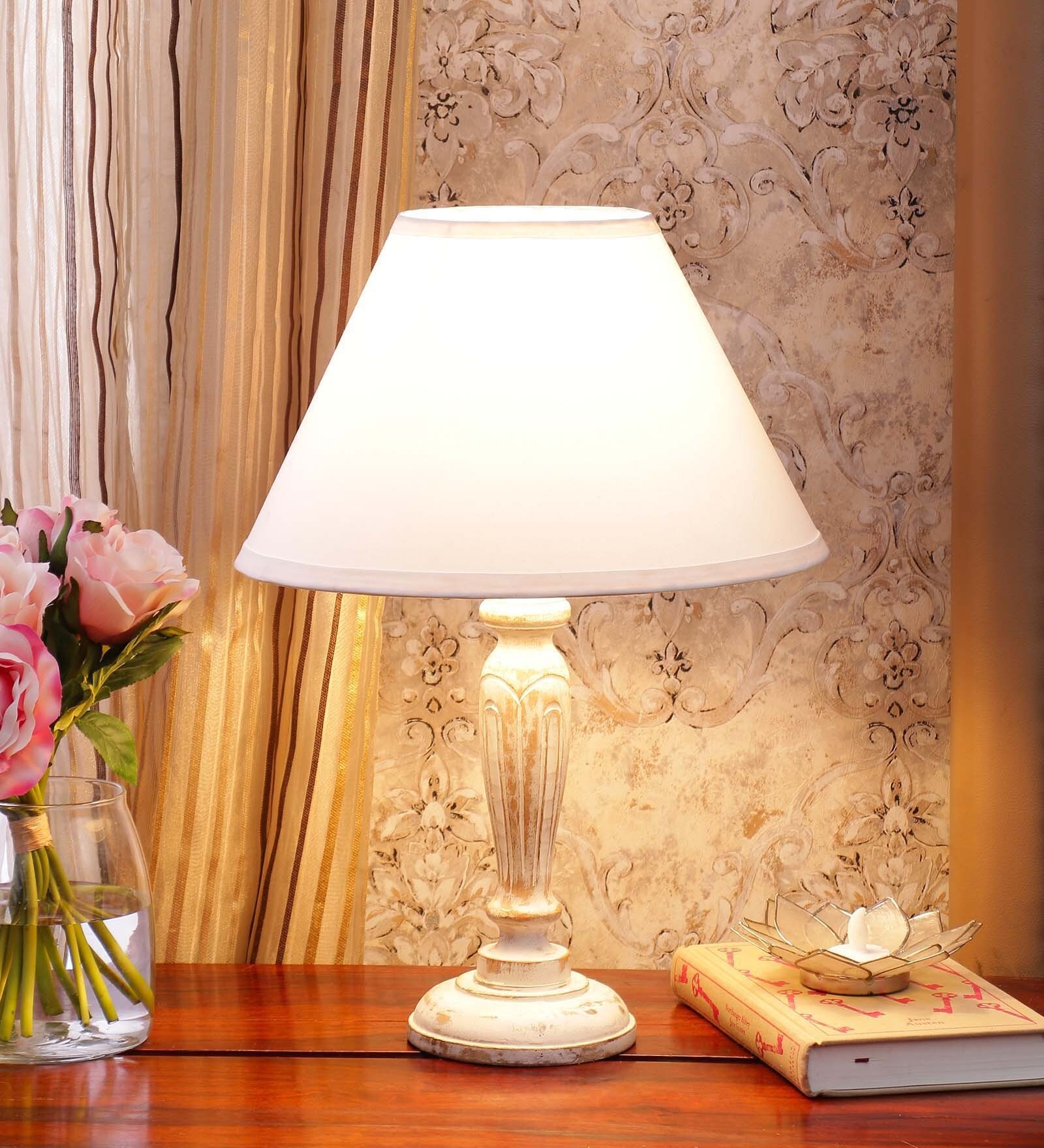 Central Beige Fabric Shade Night Lamp With Mango wood Base
