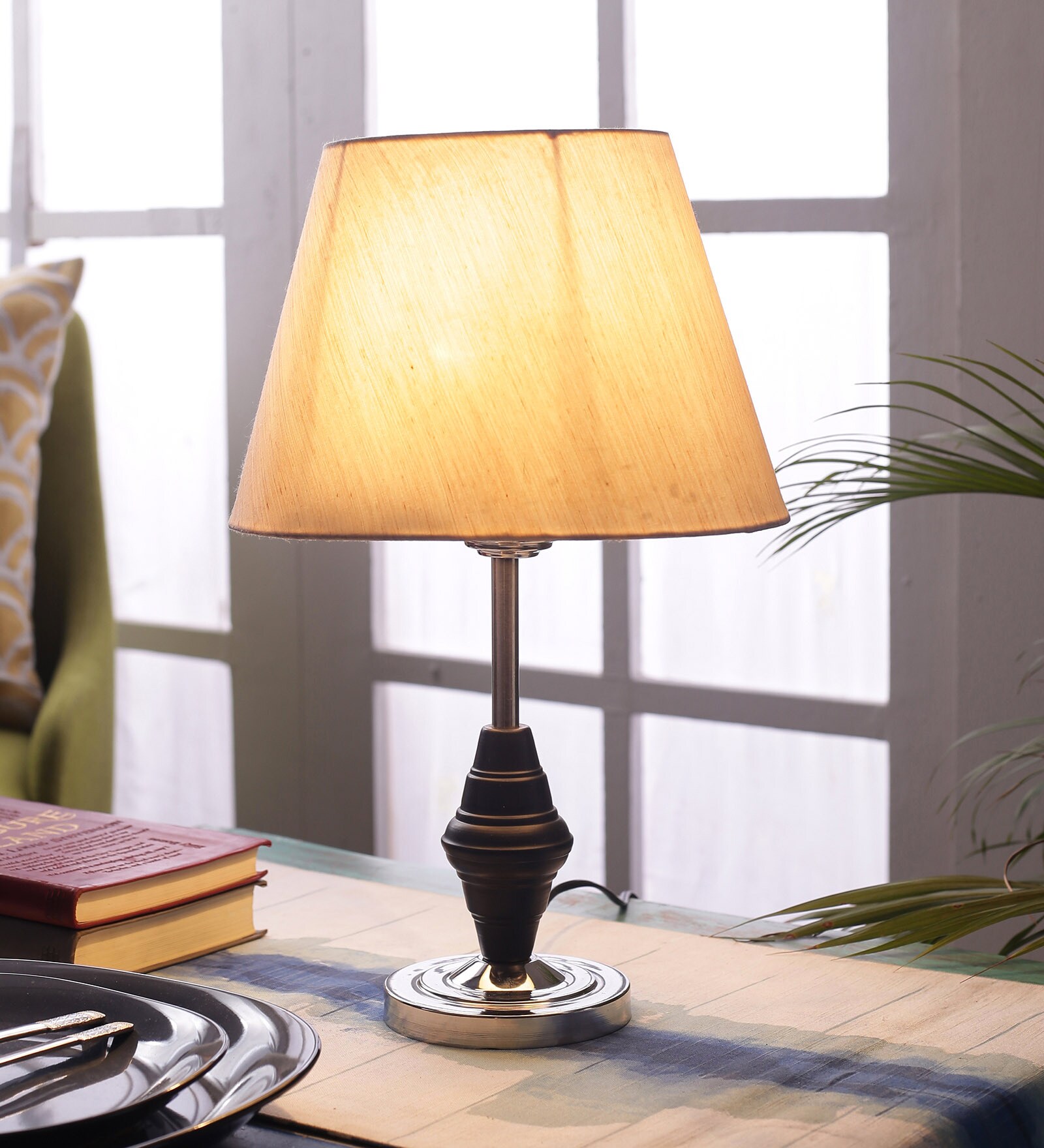 Ladder Beige Fabric Shade Night Lamp With Steel Base