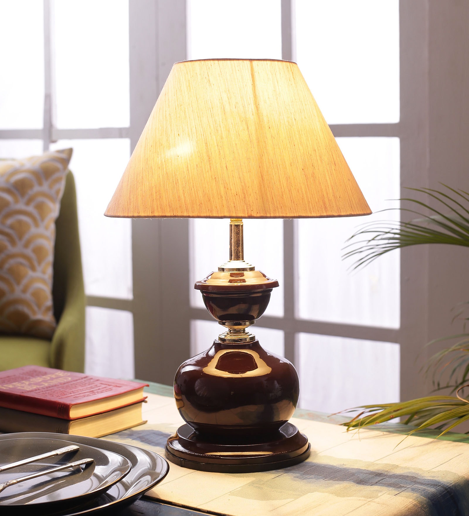Crisanto Beige Fabric Shade Night Lamp With Metal Base