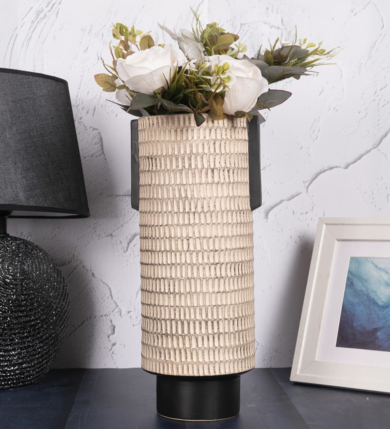 Beige Decorative Smooth Matte Finish Ceramic Cylindrical Shaped Vase