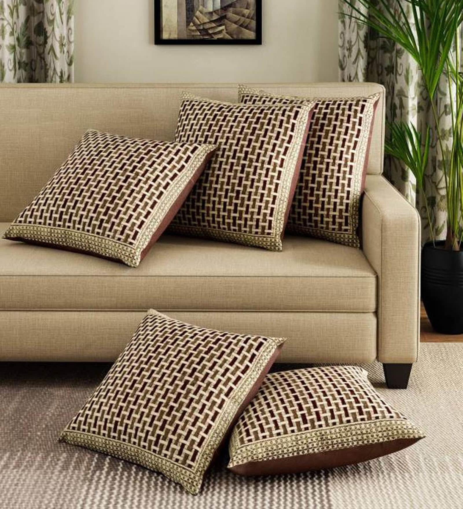 Beige Chenille Checkered 16x16 inches Cushion Cover (5Pc)