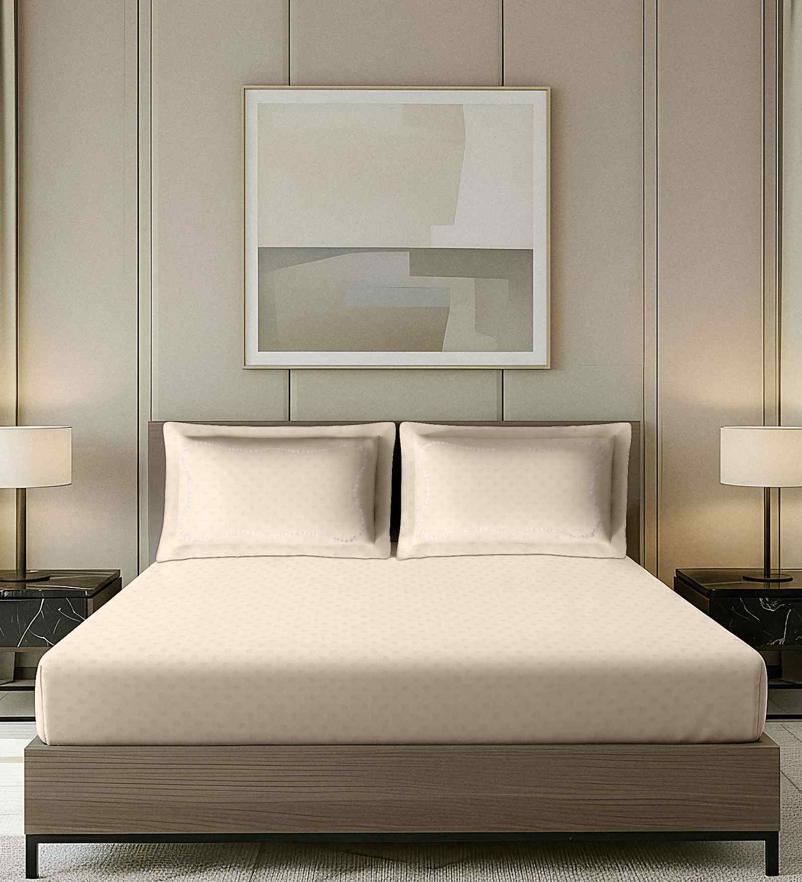 Beige Dotted Pattern With Dotted Embroidery 500 TC Cotton King Double Bedsheet With 2 Pillow Covers