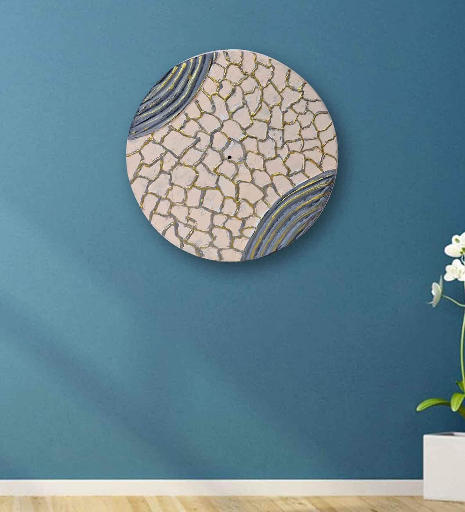 Beige Engineered Wood Handpainted 15 Inch Wall Art with 3D Textures and Grey Waves design