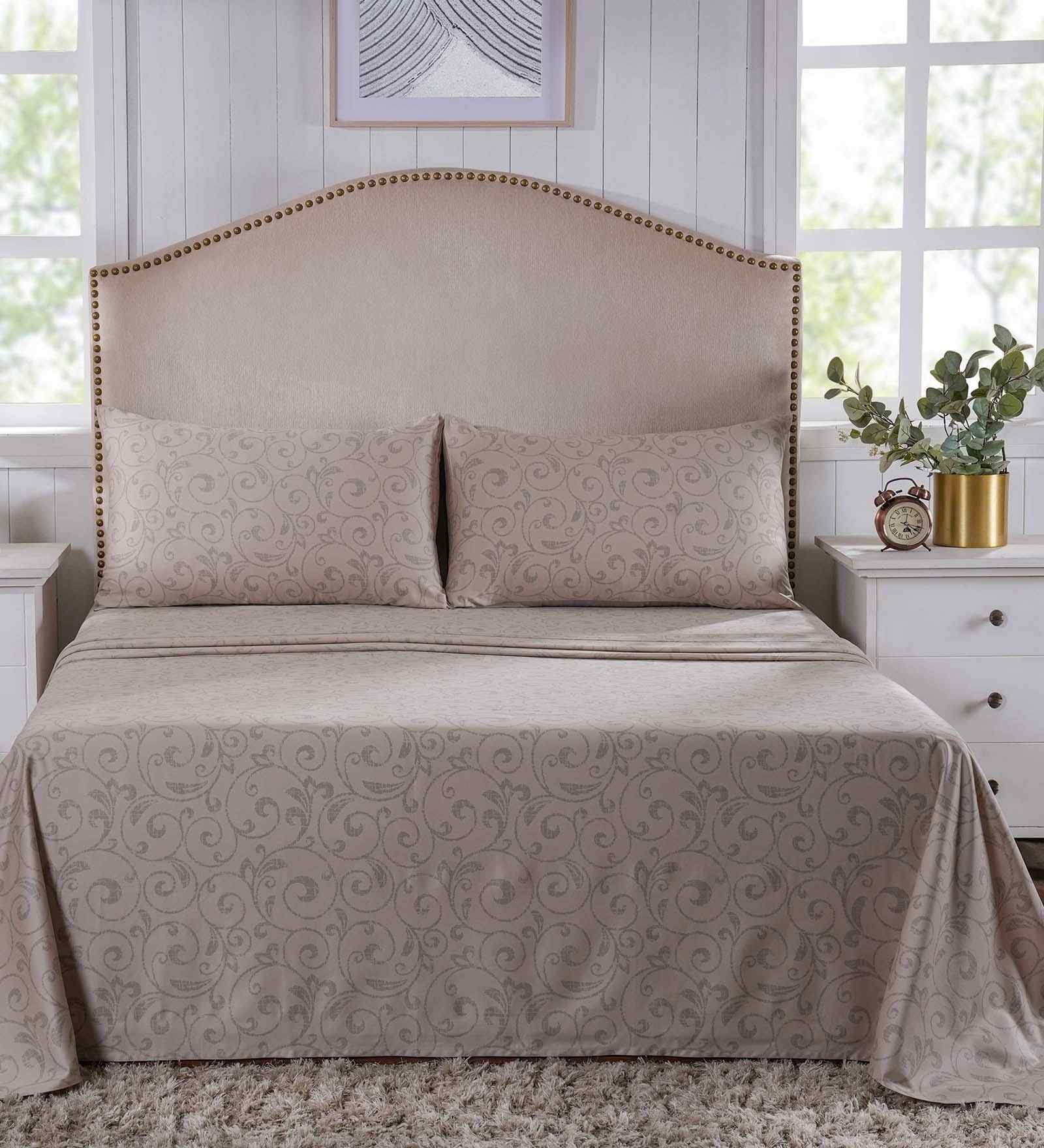Beige Ethnic Motifs 400 TC Cotton King Size Bed Sheet with 2 Pillow Covers Classical Ornate Collection