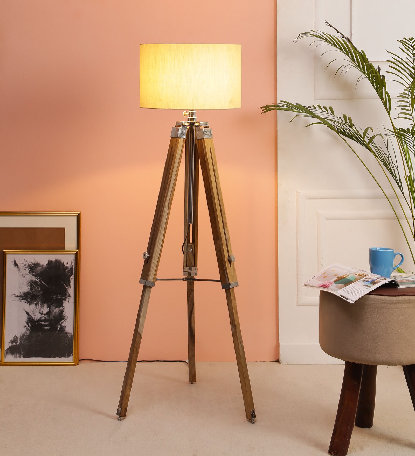Matera Beige Fabric Shade Tripod Floor Lamp With Wood Base