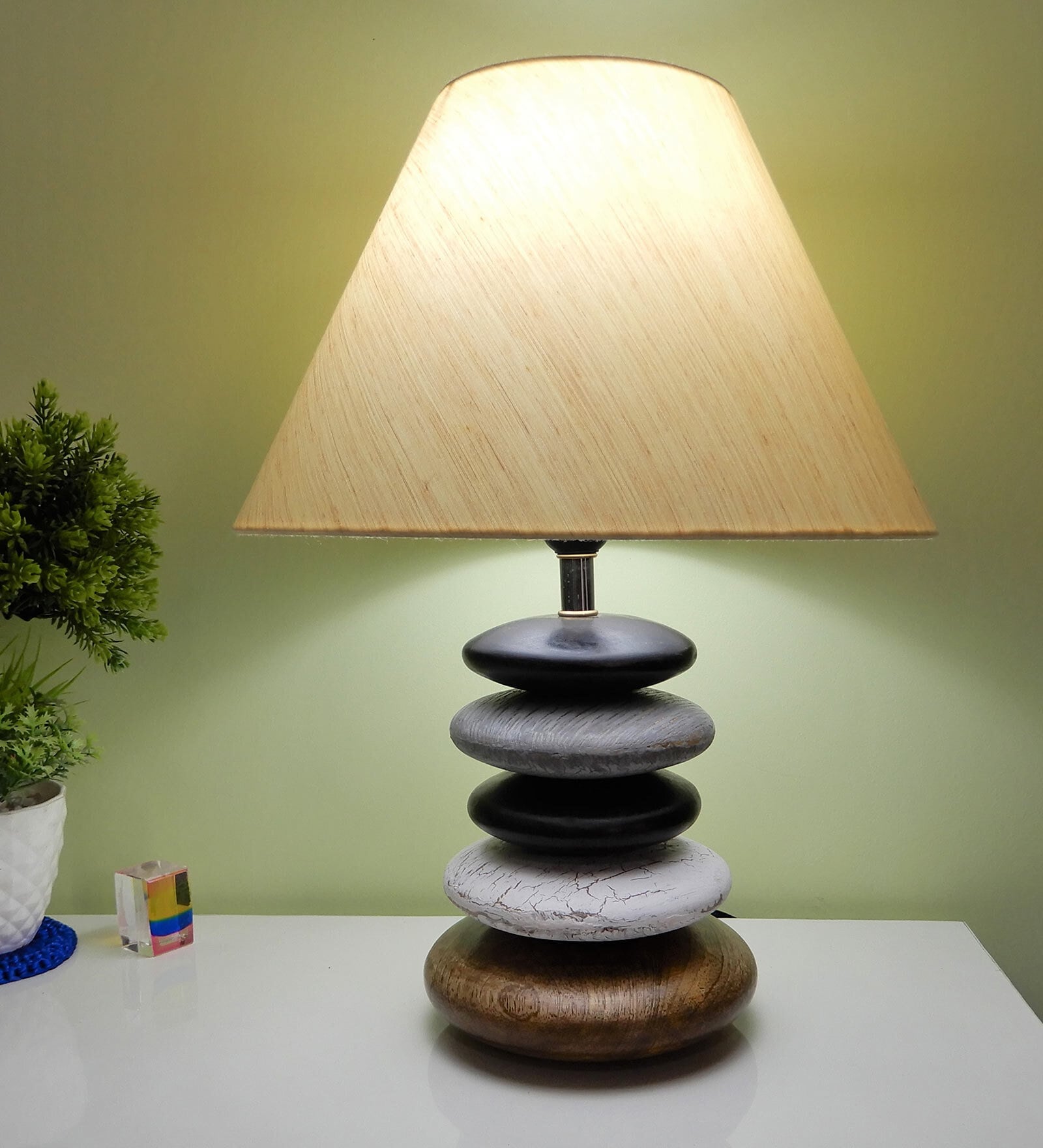 Beige Shade Wooden Stone Handmade Antique Finese Table Lamp