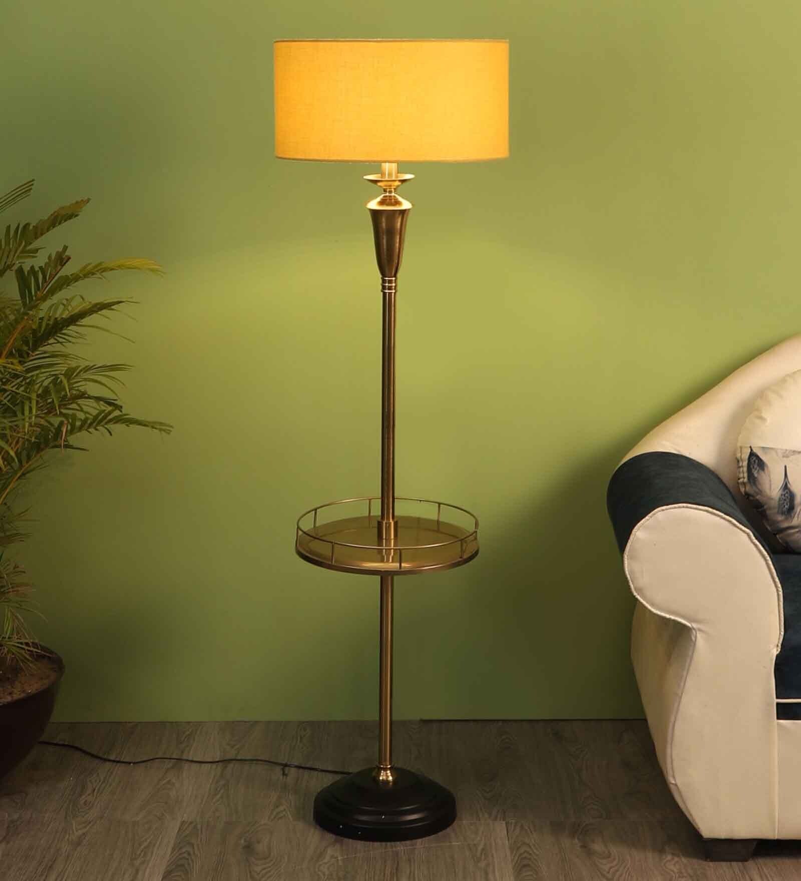 Beige Fabric Shade Floor Lamp With Black & Gold Base