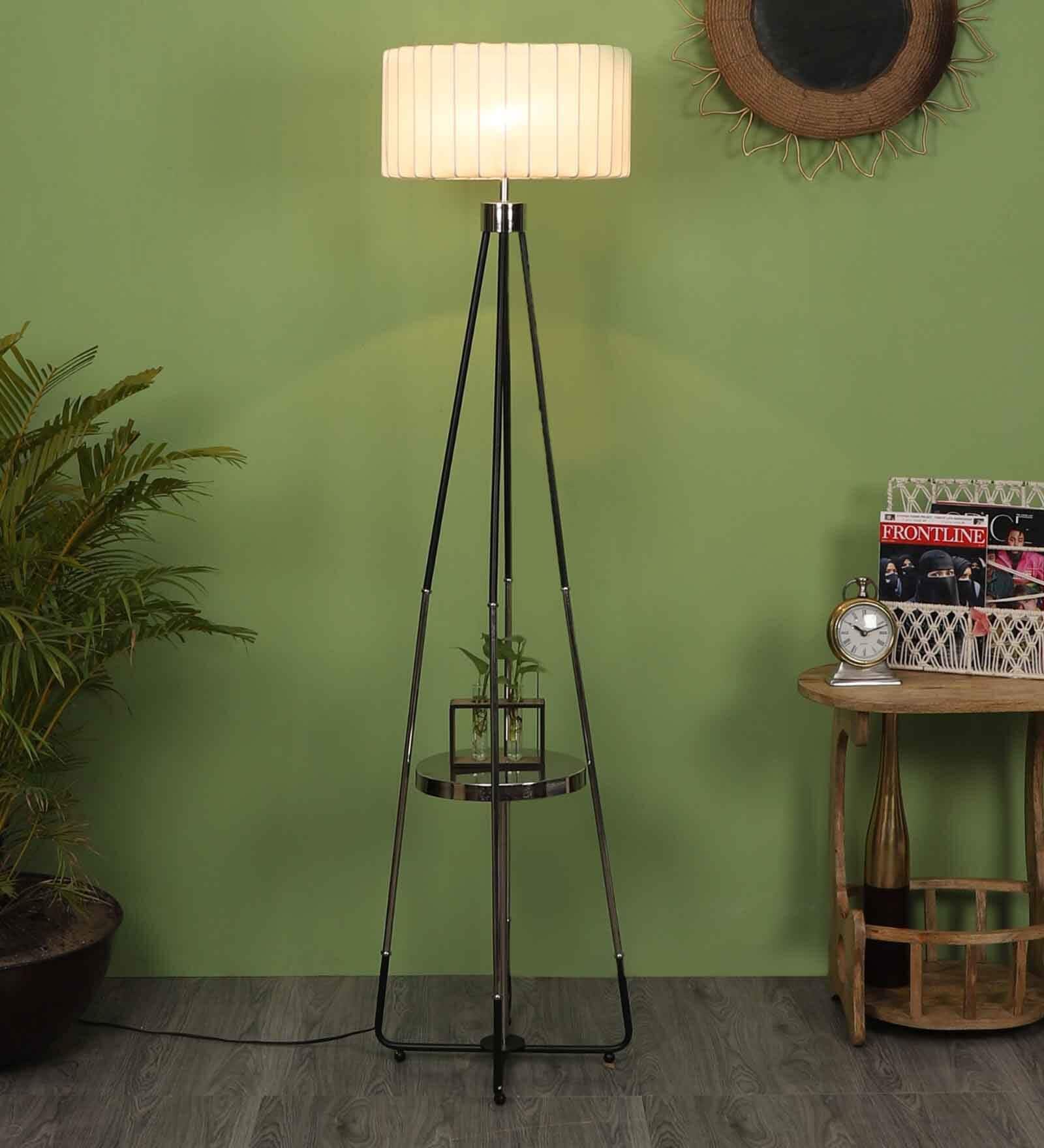 Beige Fabric Shade Floor Lamp With Black & Nickel Base
