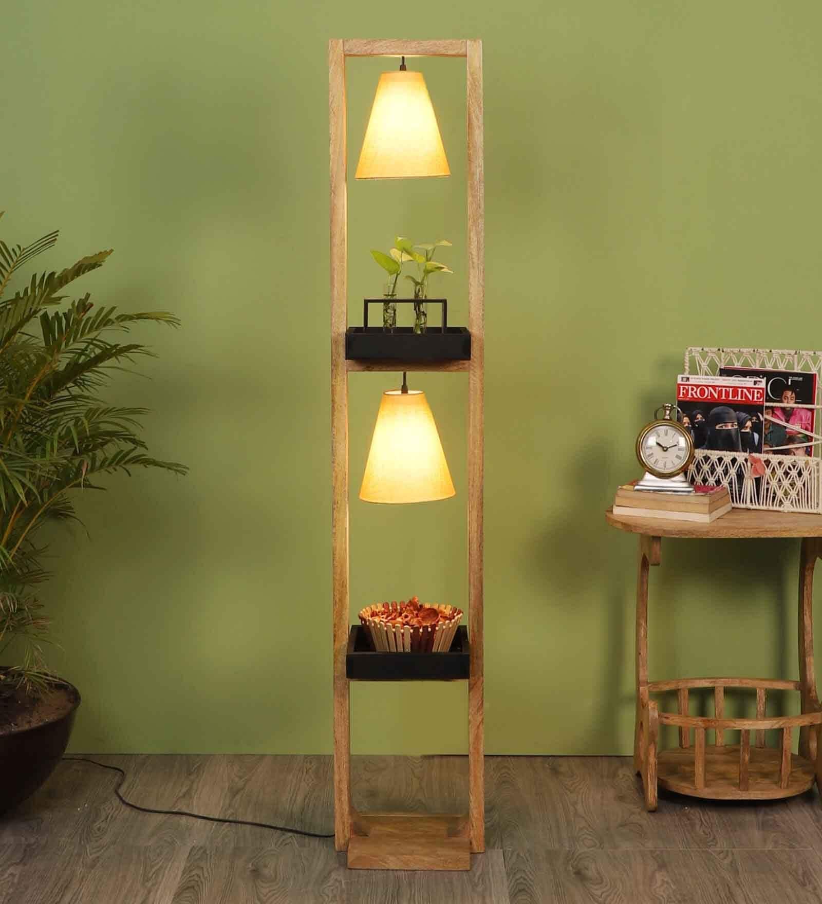 Century Beige Fabric Shade Shelf Floor Lamp With Wood Base