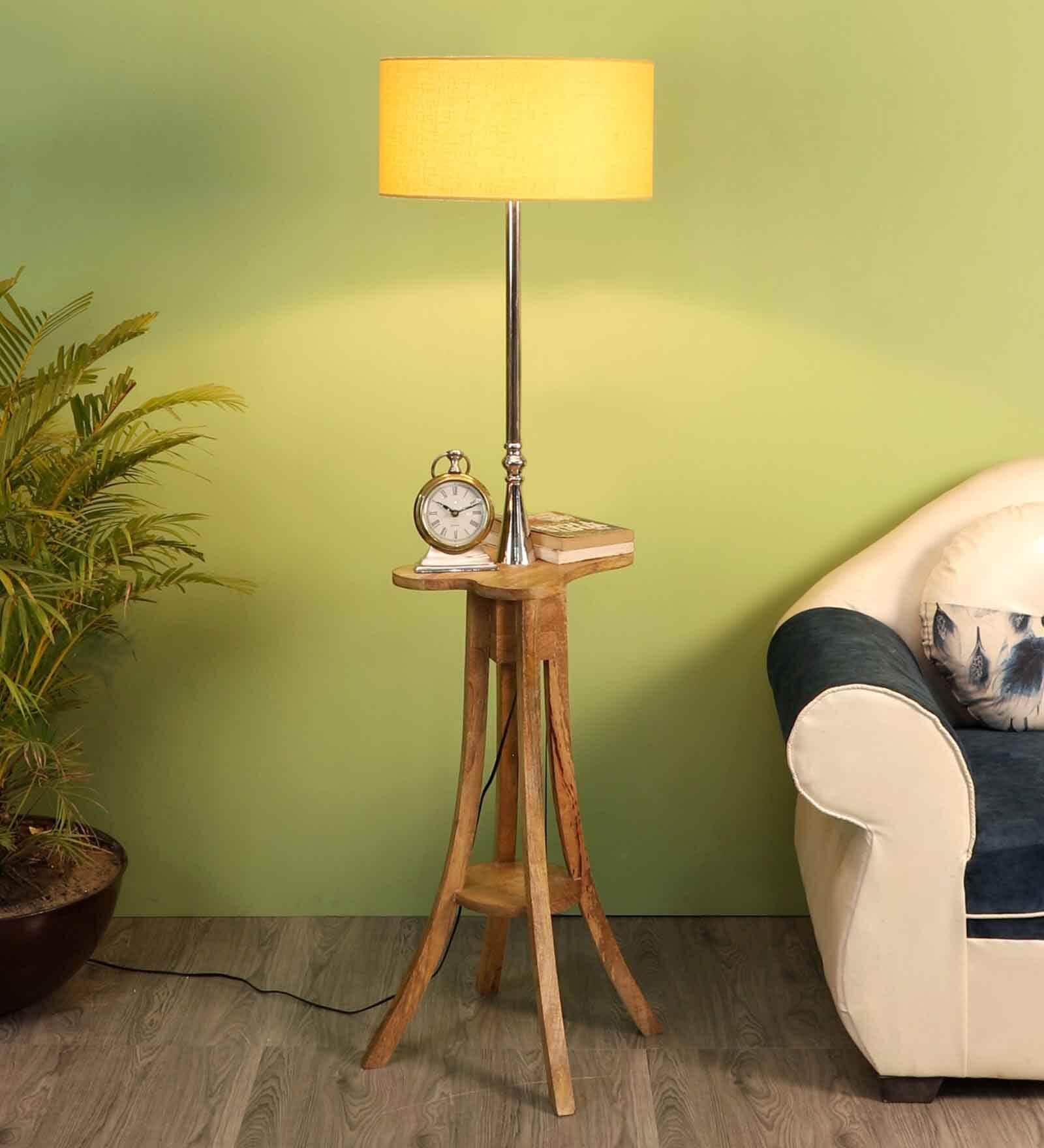 Beige Fabric Shade Floor Lamp With Brown & Nickel Base