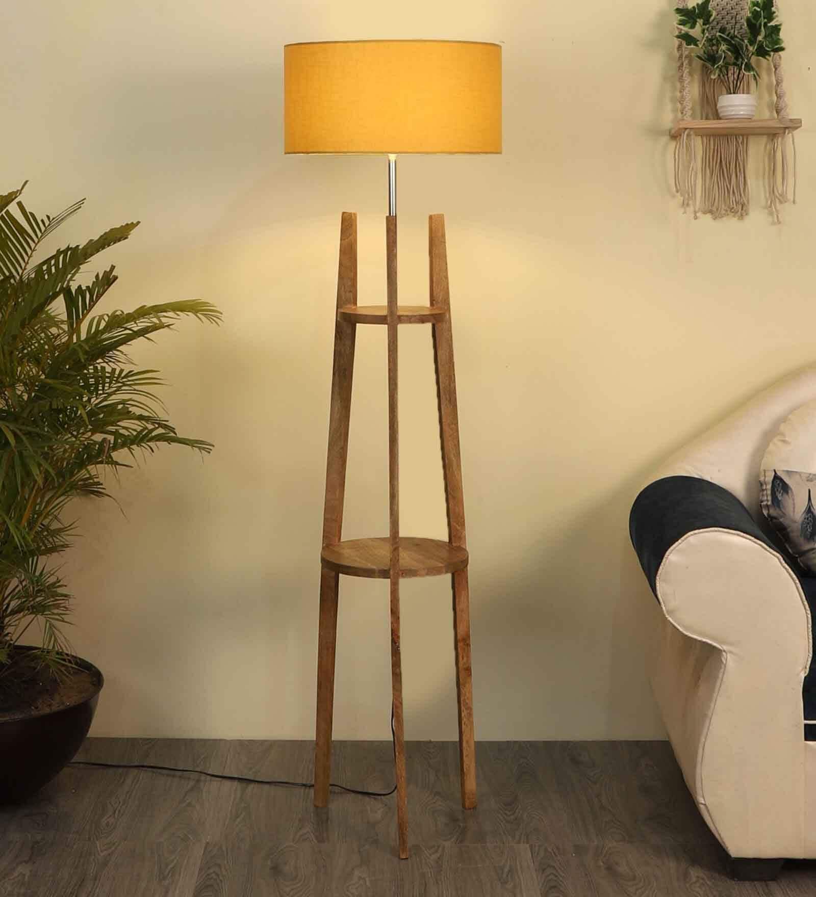 Traditional Beige Fabric Shade Shelf Floor Lamp With Wood Base