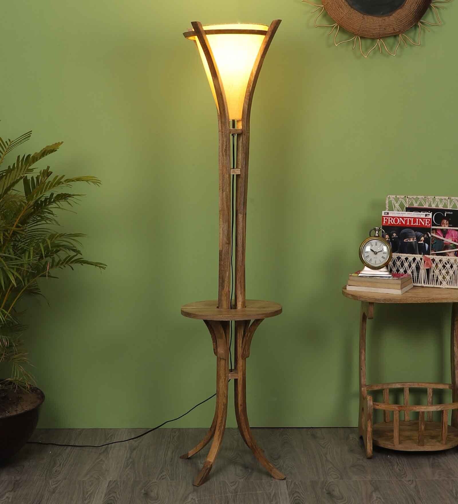 Beige Fabric Shade Floor Lamp With Brown Base