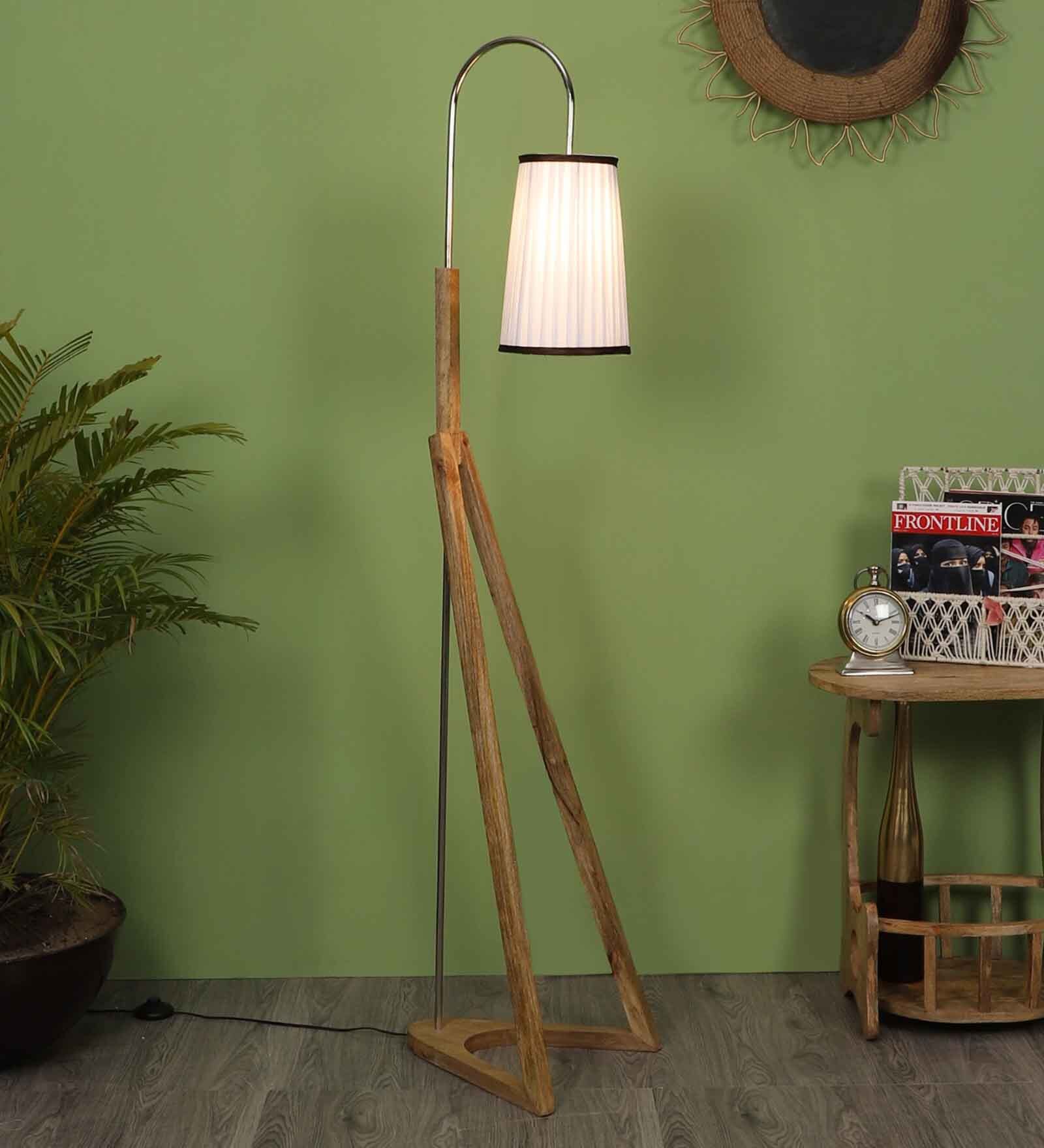 Premium Beige Fabric Shade Novelty Floor Lamp With Wood Base