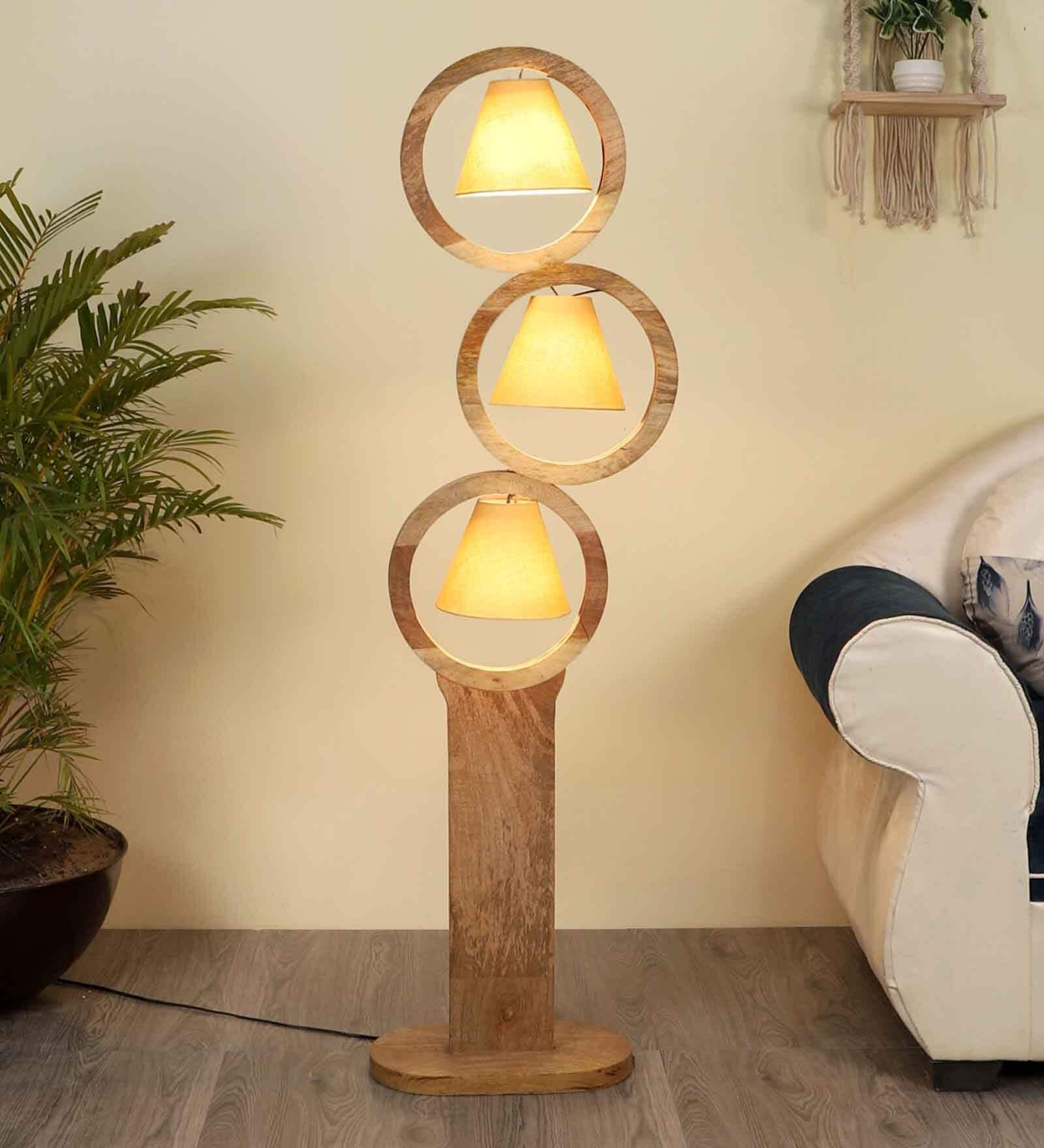Ashley Beige Fabric Shade Novelty Floor Lamp With Wood Base