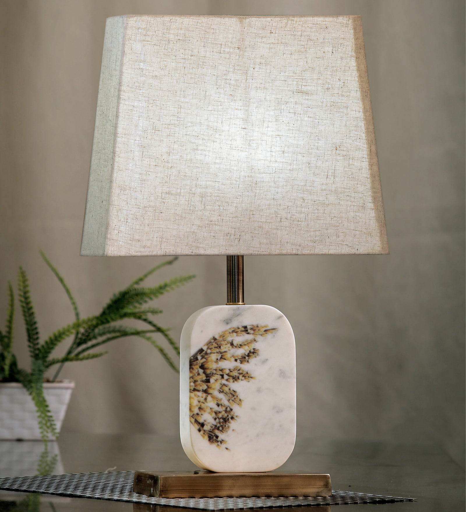 Pixee Beige Fabric Shade Night Lamp With Marble & Metal Base