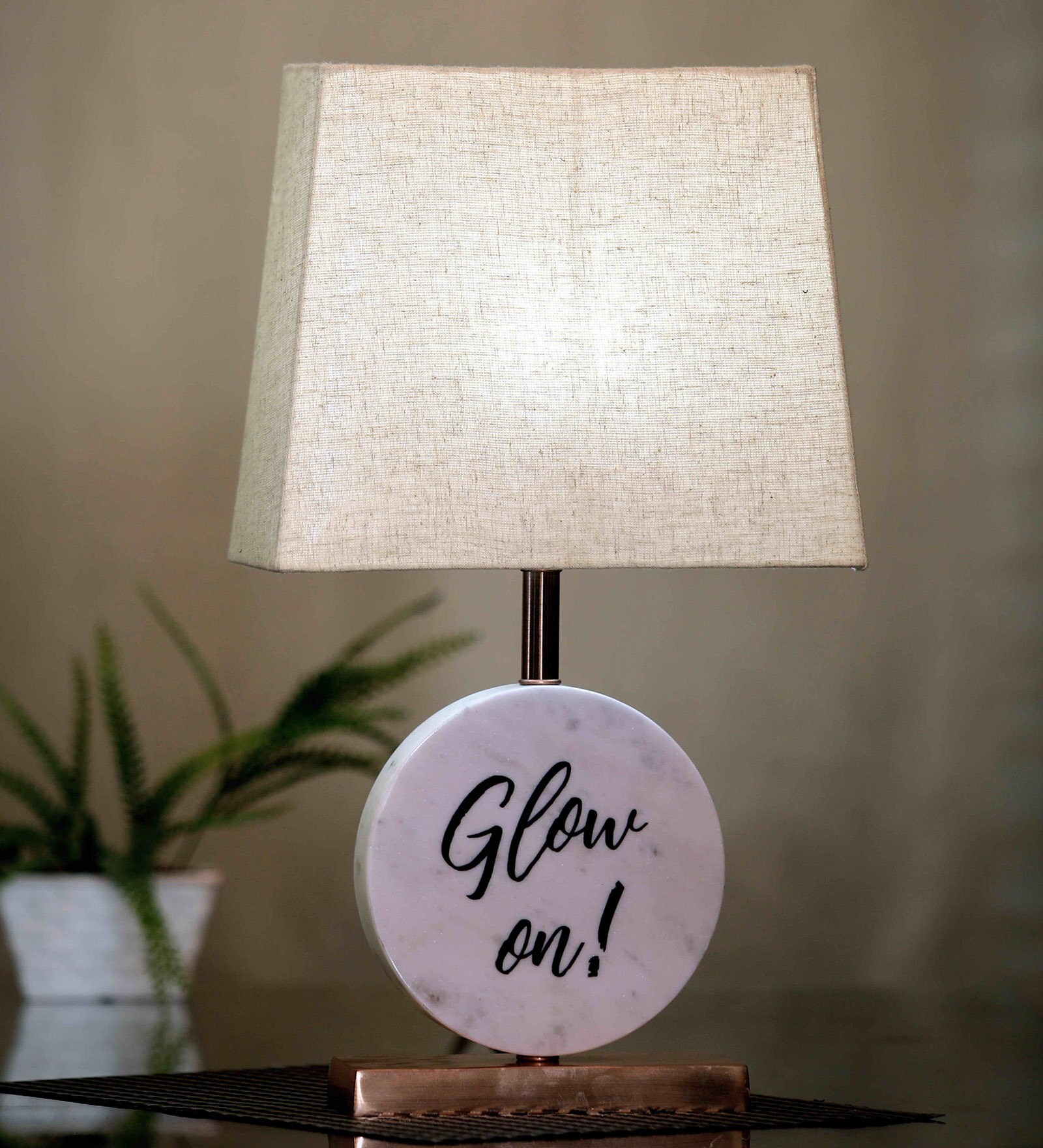 Buy Beige Fabric Shade Marble Table LED Lamp With Antique Copper Base