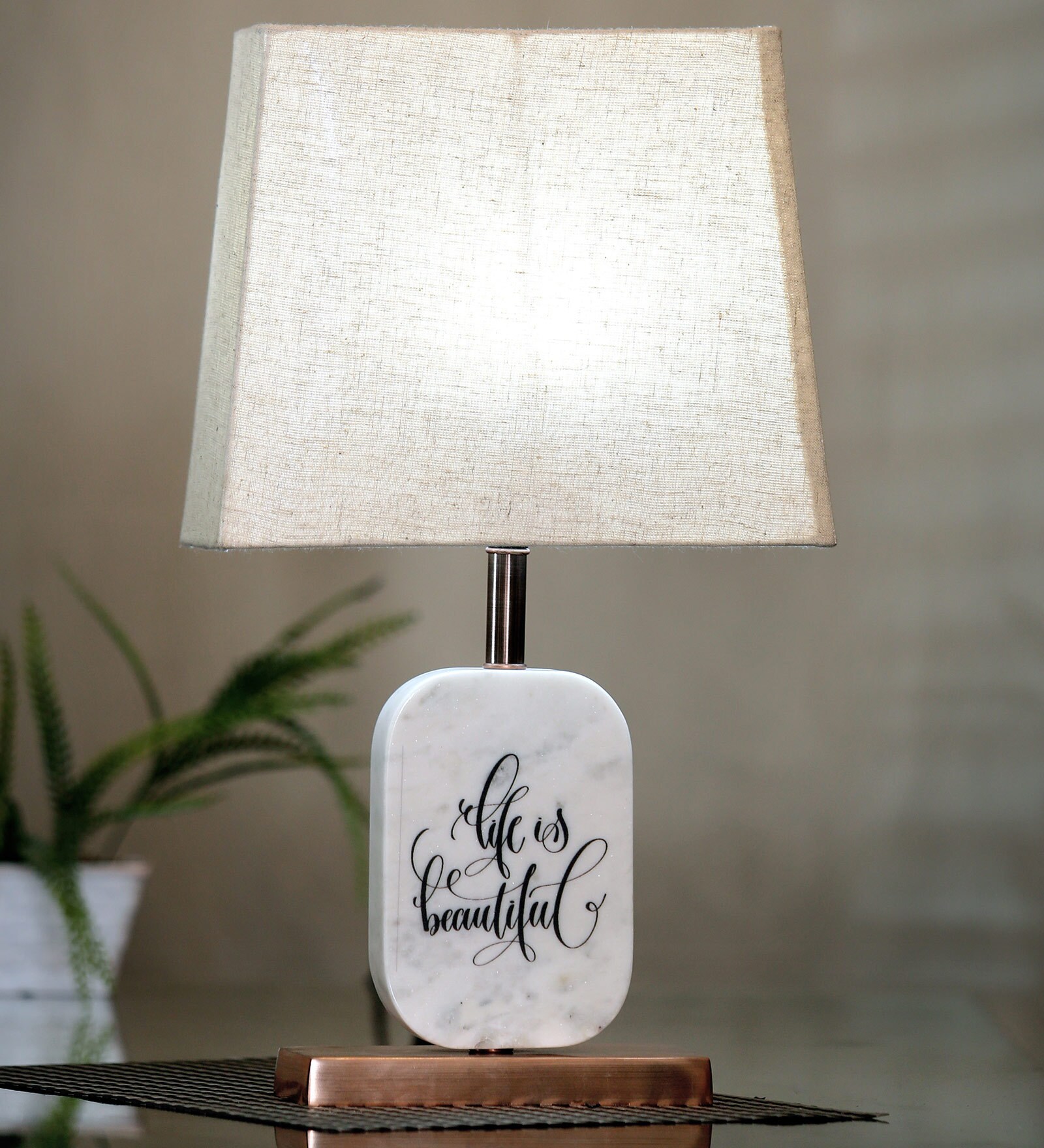 Buy Beige Fabric Shade Marble Table LED Lamp With Antique Copper Base ...