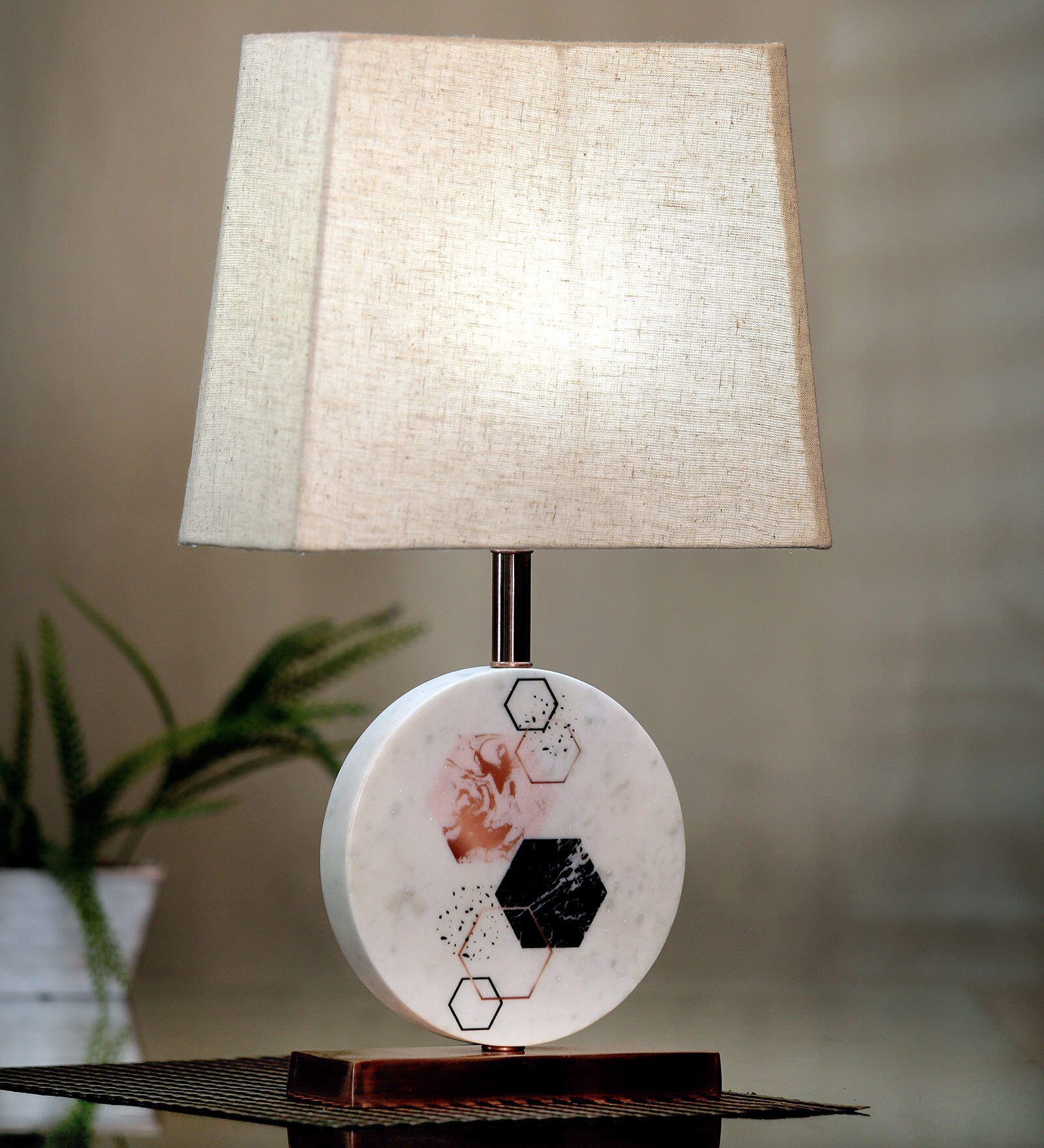 Buy Beige Fabric Shade Marble Table LED Lamp With Antique Copper Base ...
