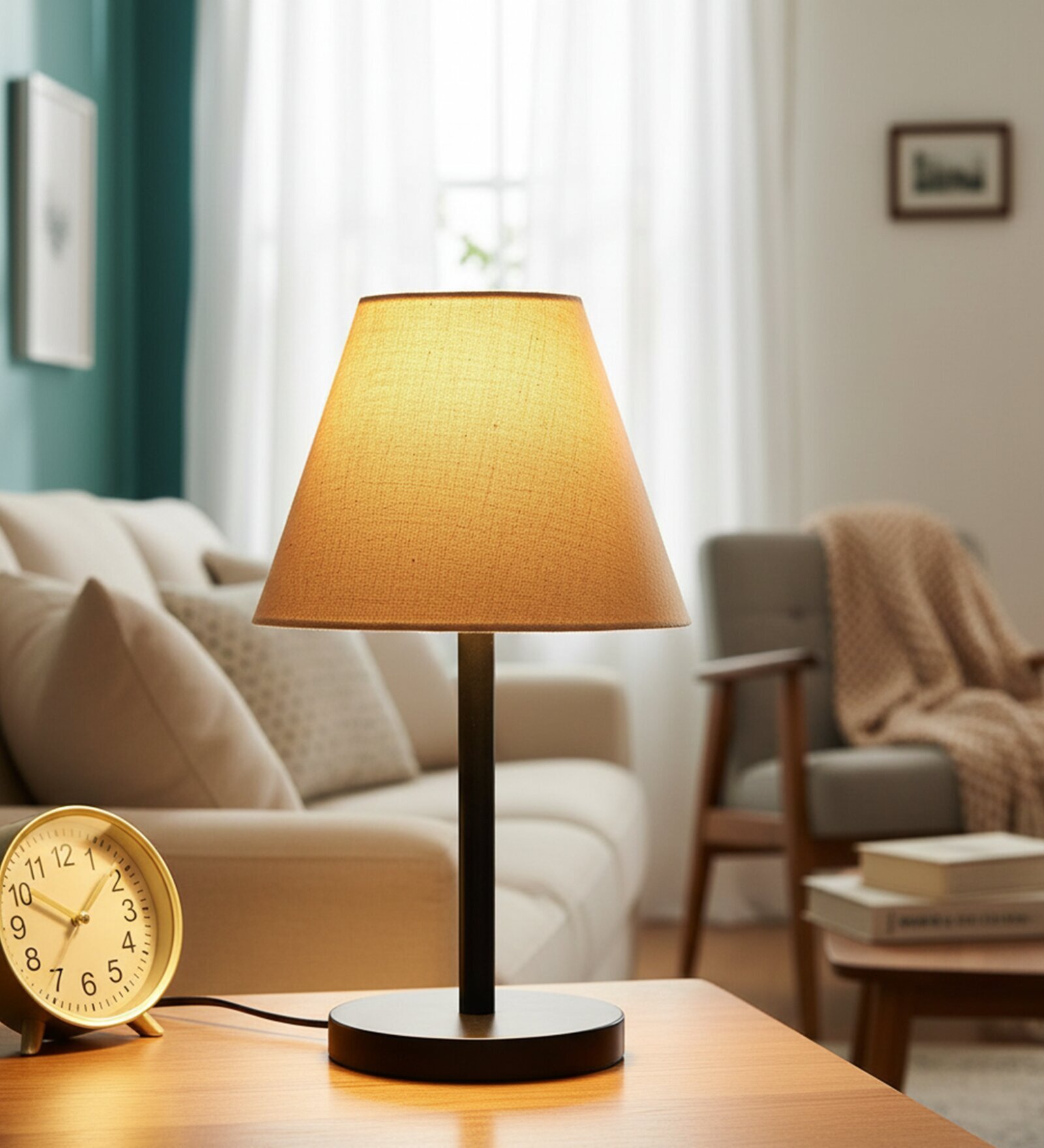 Beige Fabric Shade Table Lamp, Minimalist Bedside Lamp with Metal Base for Bedroom, Living Room & Study