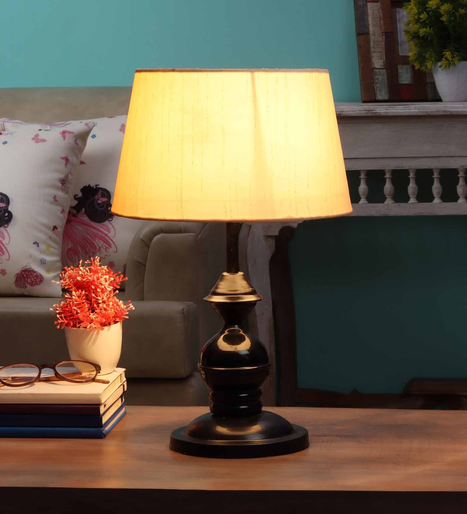 Beige Fabric Shade Table Lamp with Black Base