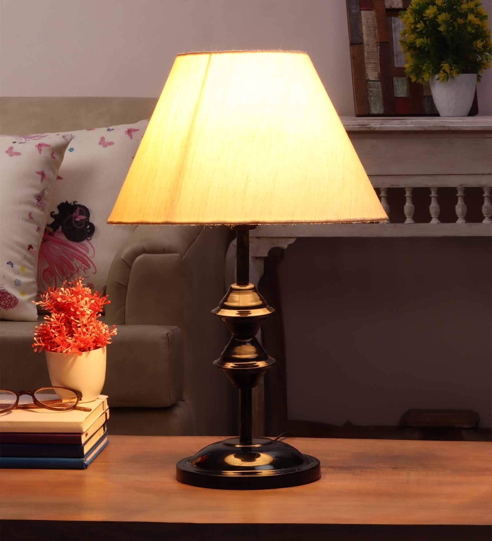 Beige Fabric Shade Table Lamp with Black Base