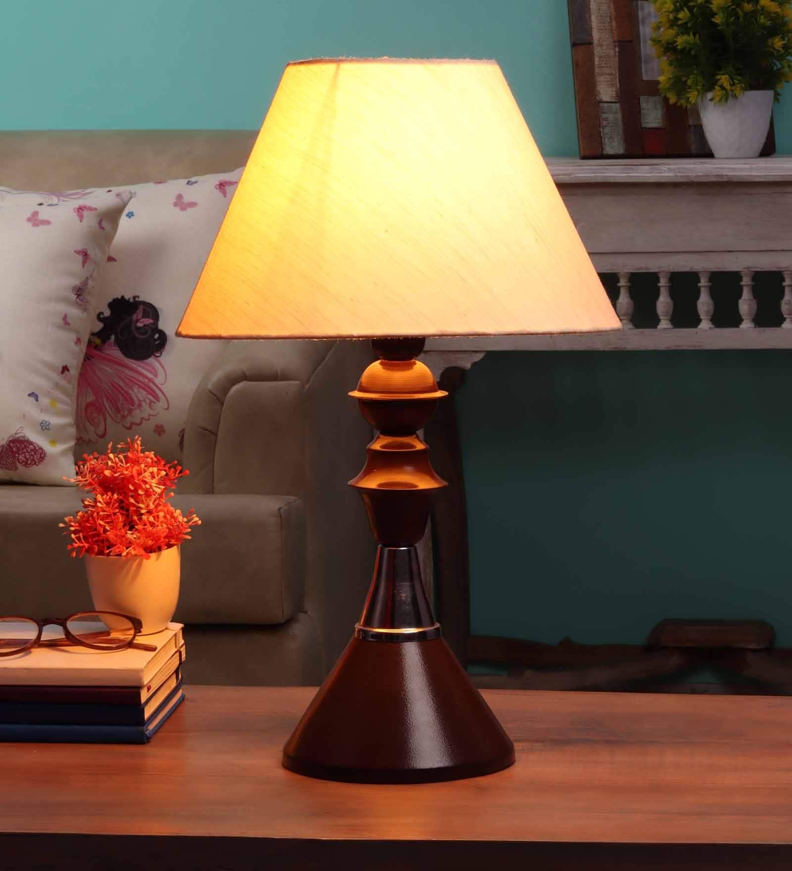 Beige Fabric Shade Table Lamp With Black Base