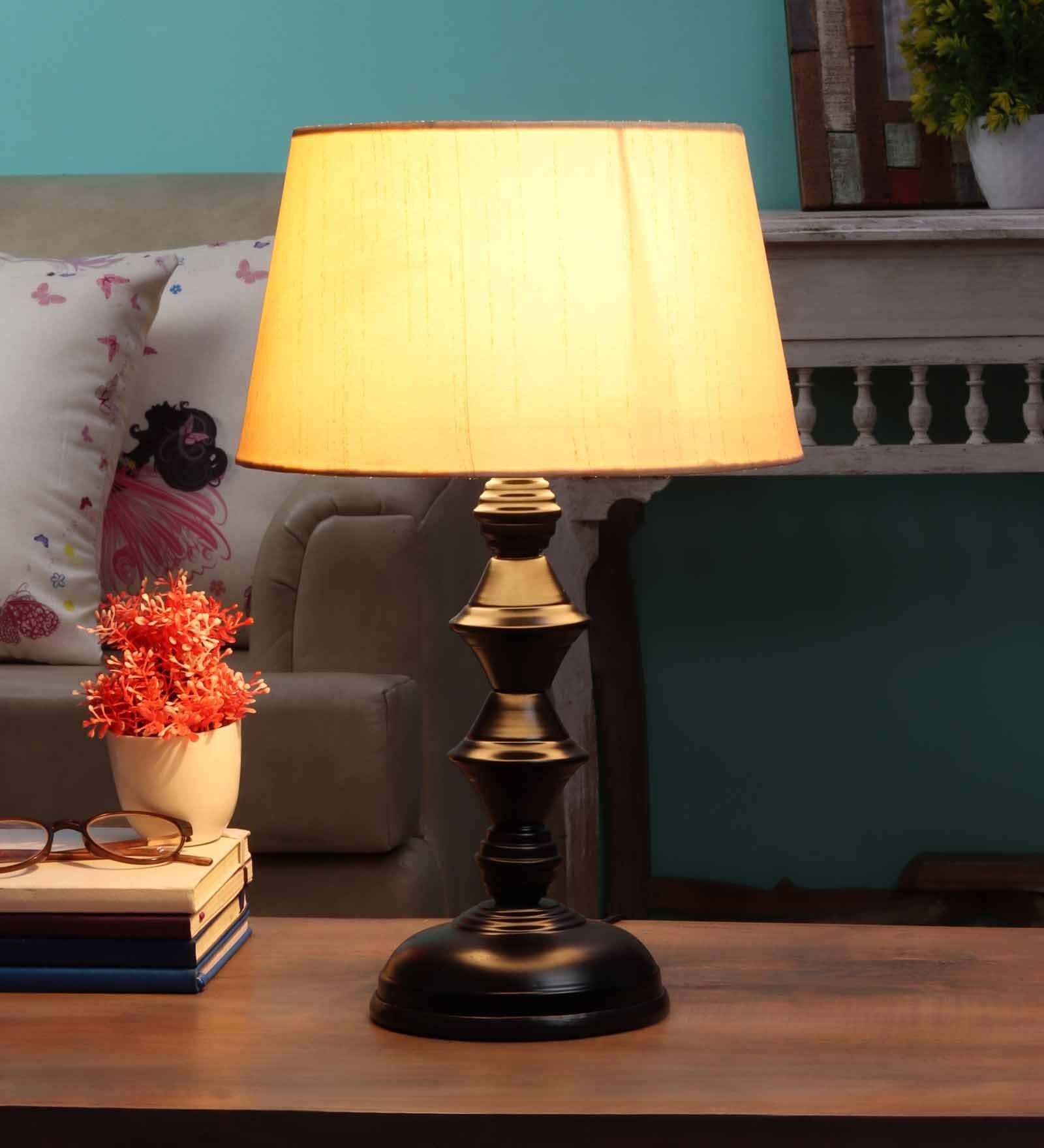 Beige Fabric Shade Table Lamp with Black Base