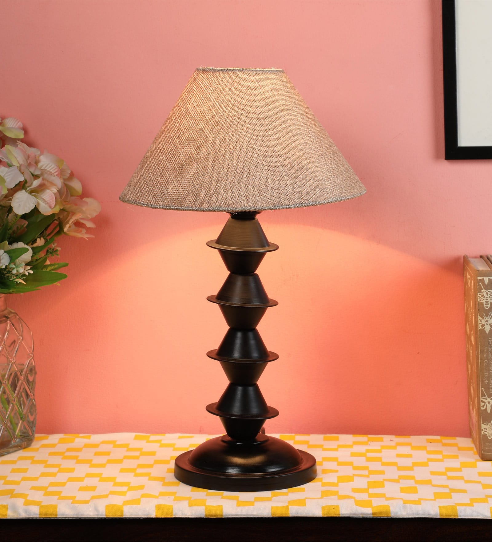 Beige Fabric Shade Table Lamp with Black Base