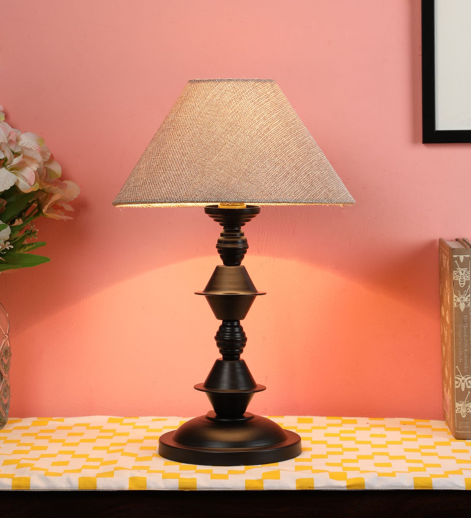 Beige Fabric Shade Table Lamp with Black Base