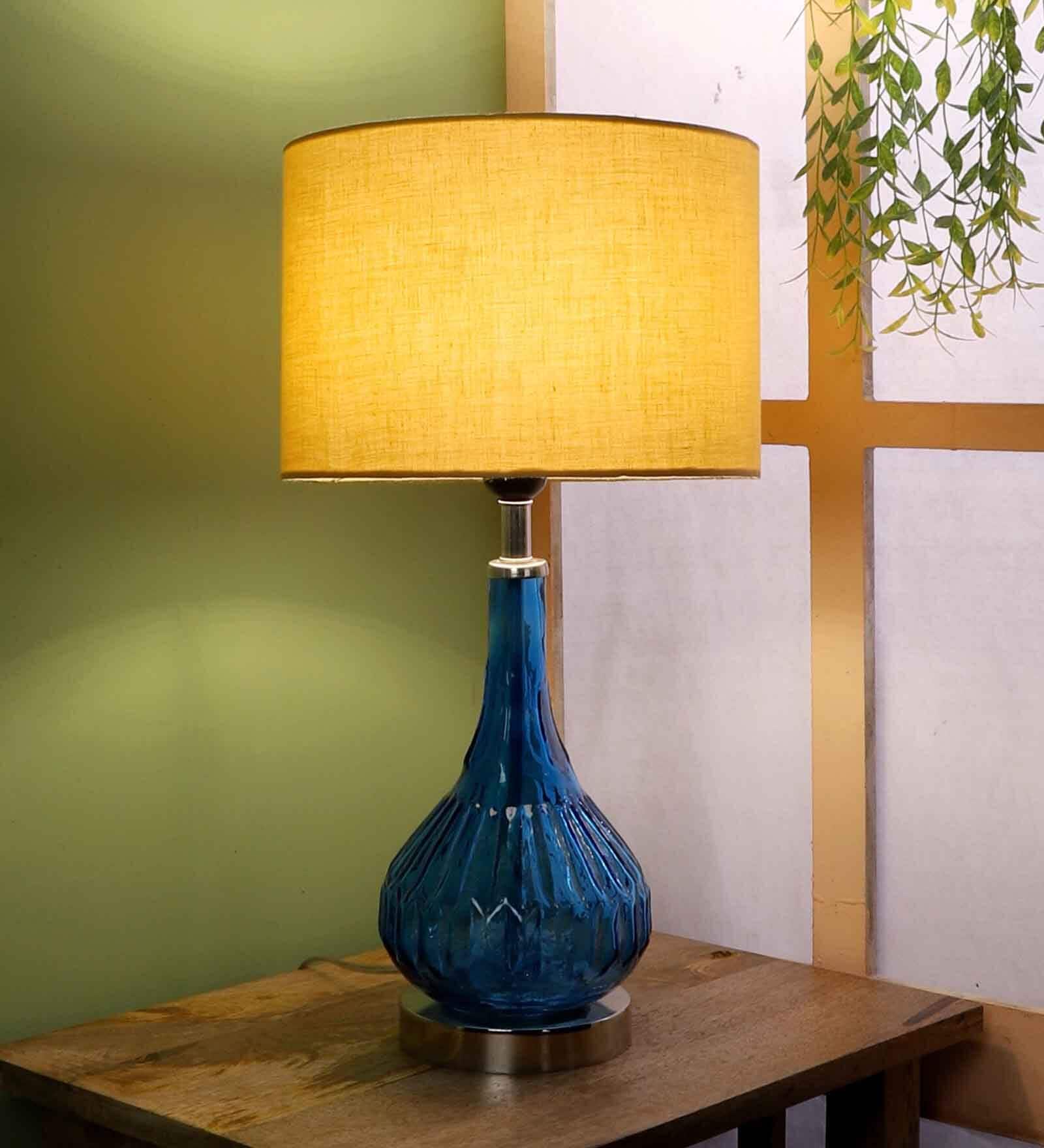 Beige Fabric Shade Table Lamp With Blue Base