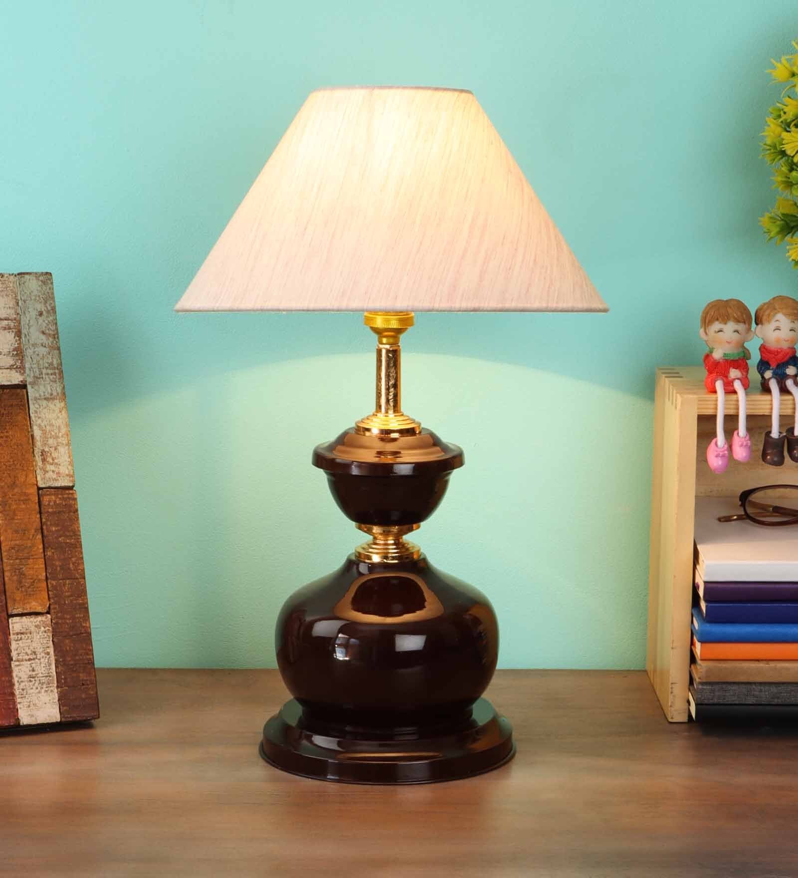 Beige Fabric Shade Table Lamp with Brown Base