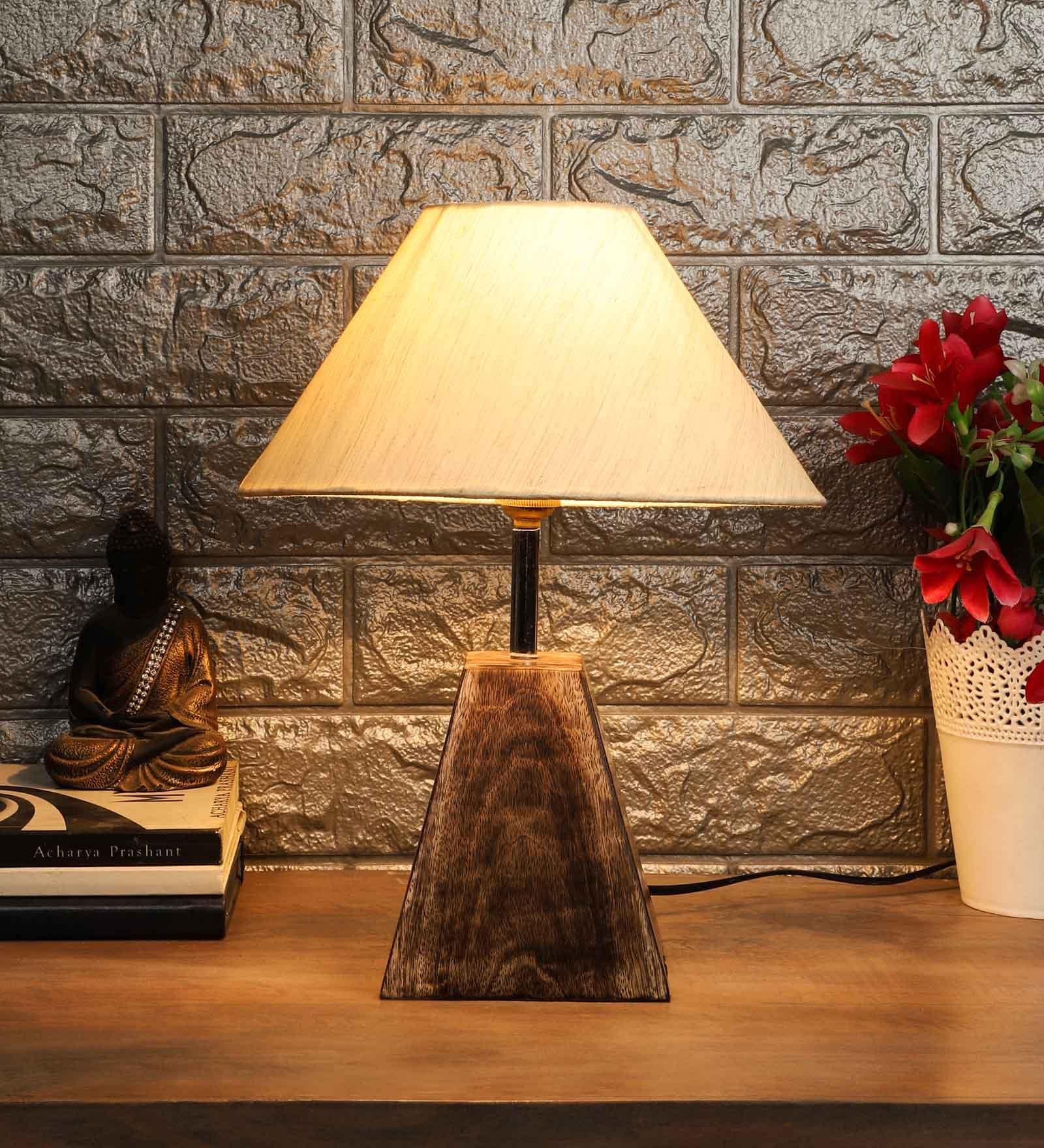 Beige Fabric Shade Table Lamp With Brown Base