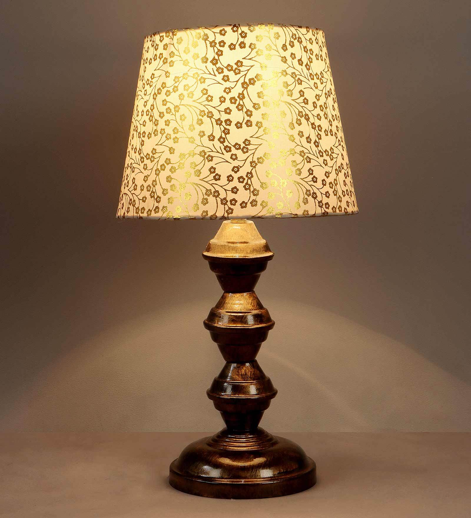 Beige Fabric Shade Table Lamp With Copper Base