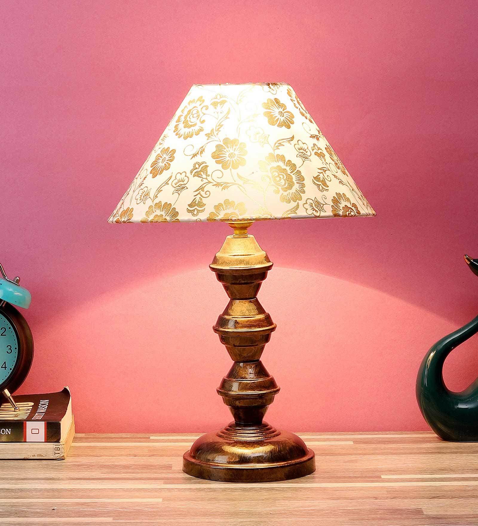 Beige Fabric Shade Table Lamp With Copper Base