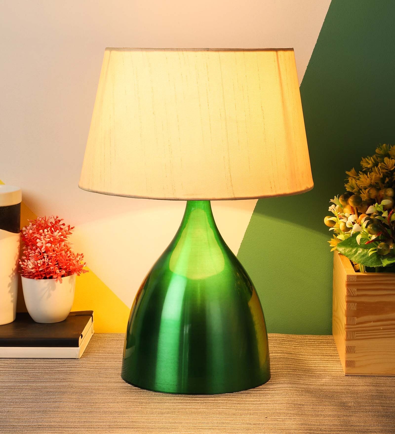 Beige Fabric Shade Table Lamp with Green Base