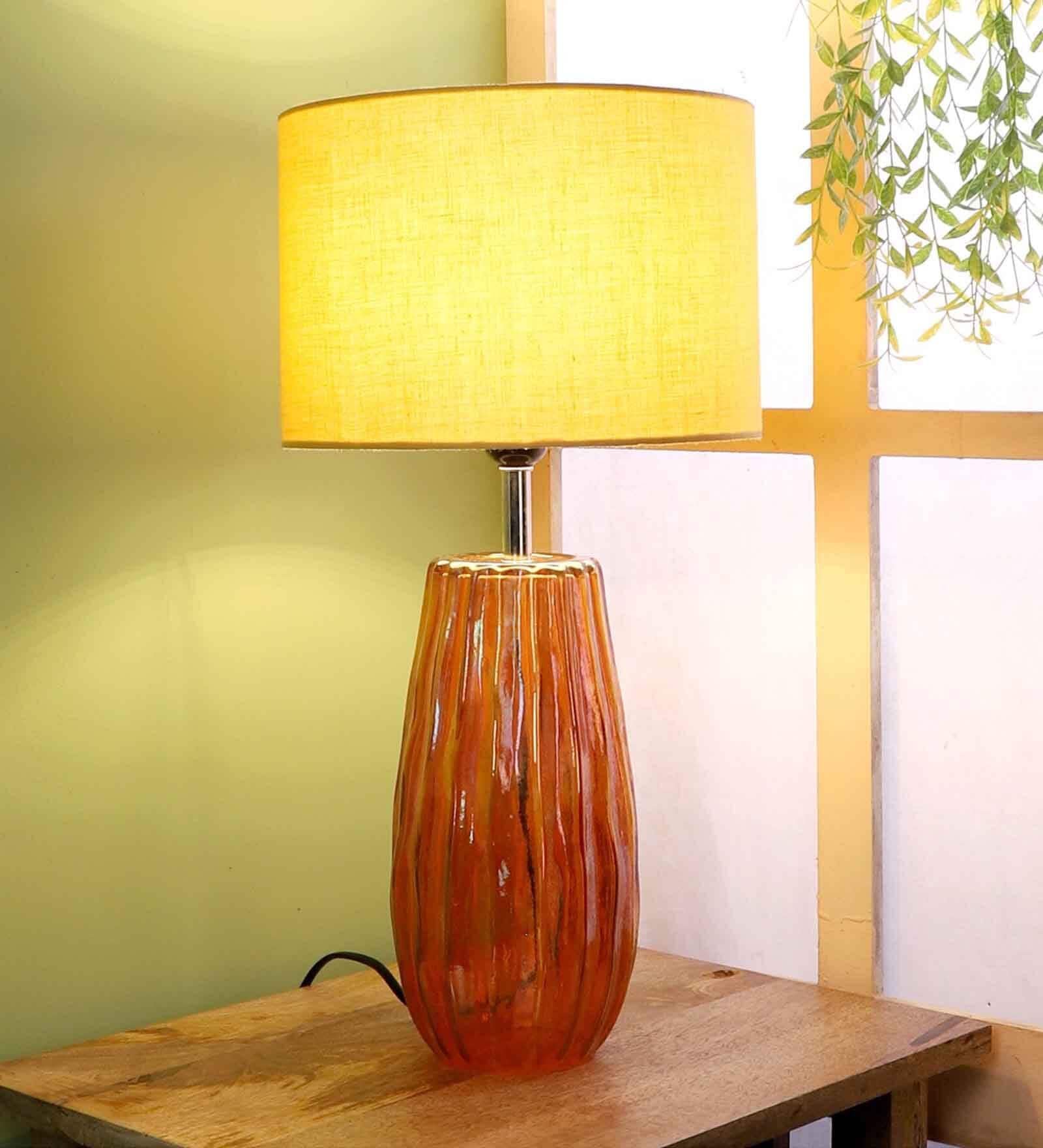 Beige Fabric Shade Table Lamp With Orange Base