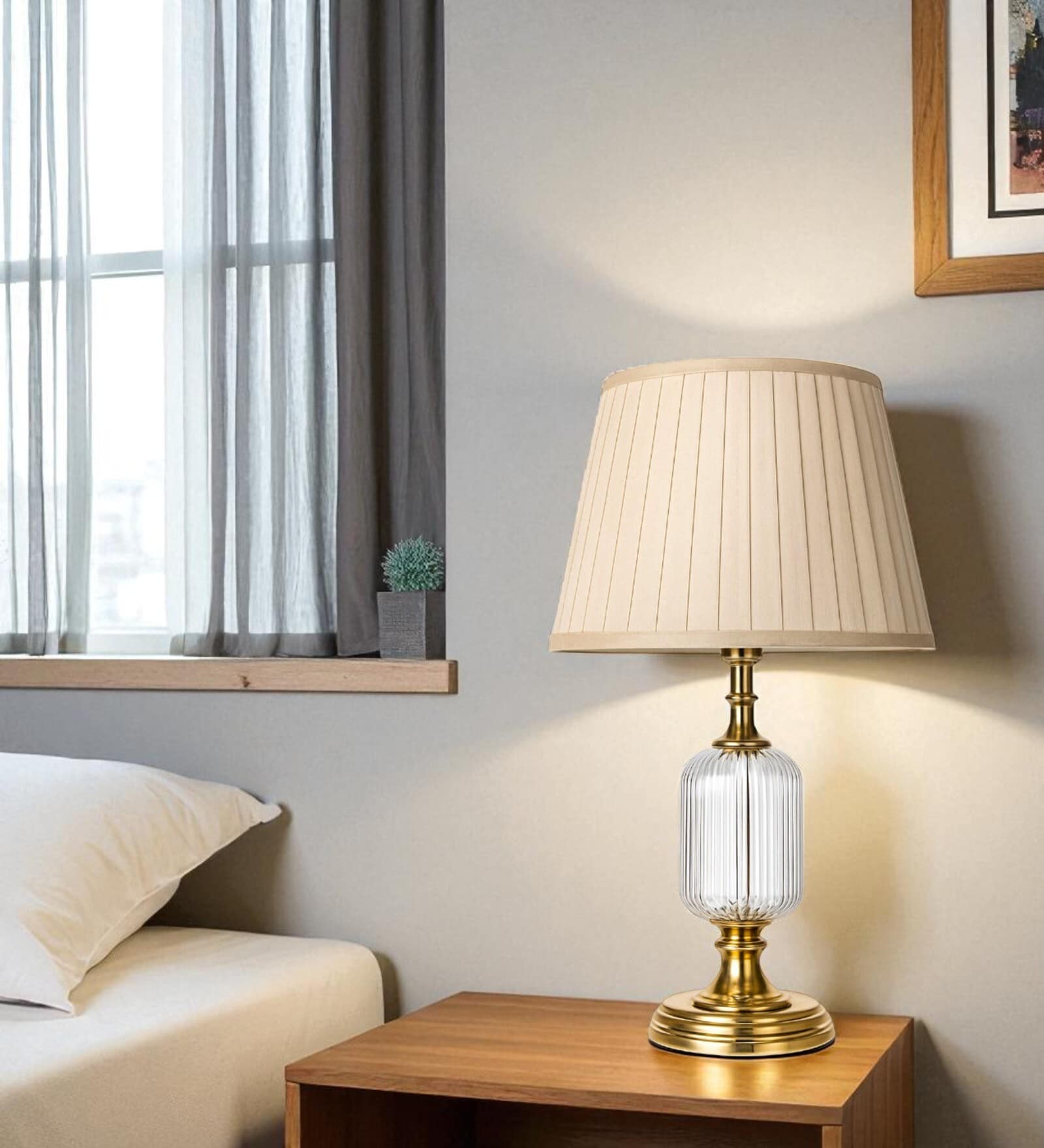 Beige Fabric Shade Table Lamp with Ribbed Glass Base   Elegant & Classic Design