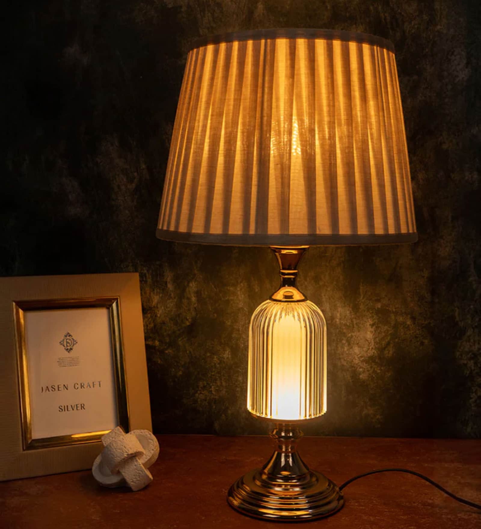 Beige Fabric Shade Table Lamp with Ribbed Glass Base Elegant & Classic Design Beige Fabric Shade Table Lamp with Ribbed Glass Base Elegant & Classic Design