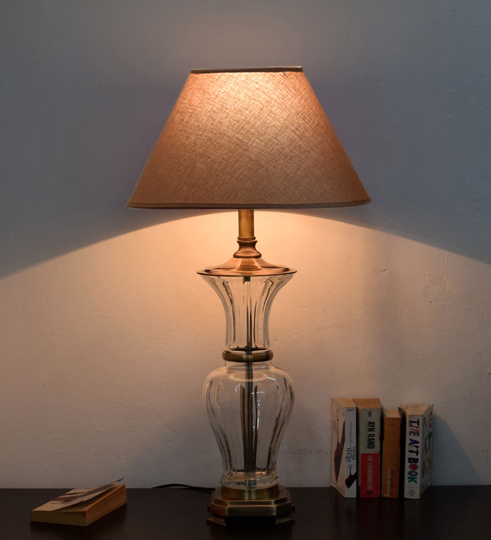Beige Fabric Shade Table Lamp With Transparent Base