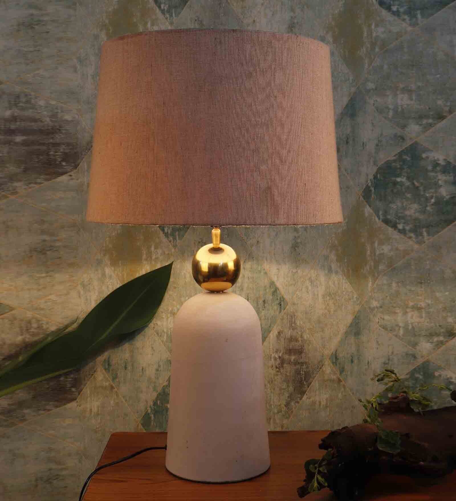 Buy Beige Fabric Shade Table Lamp with White & Gold Base by Grated ...