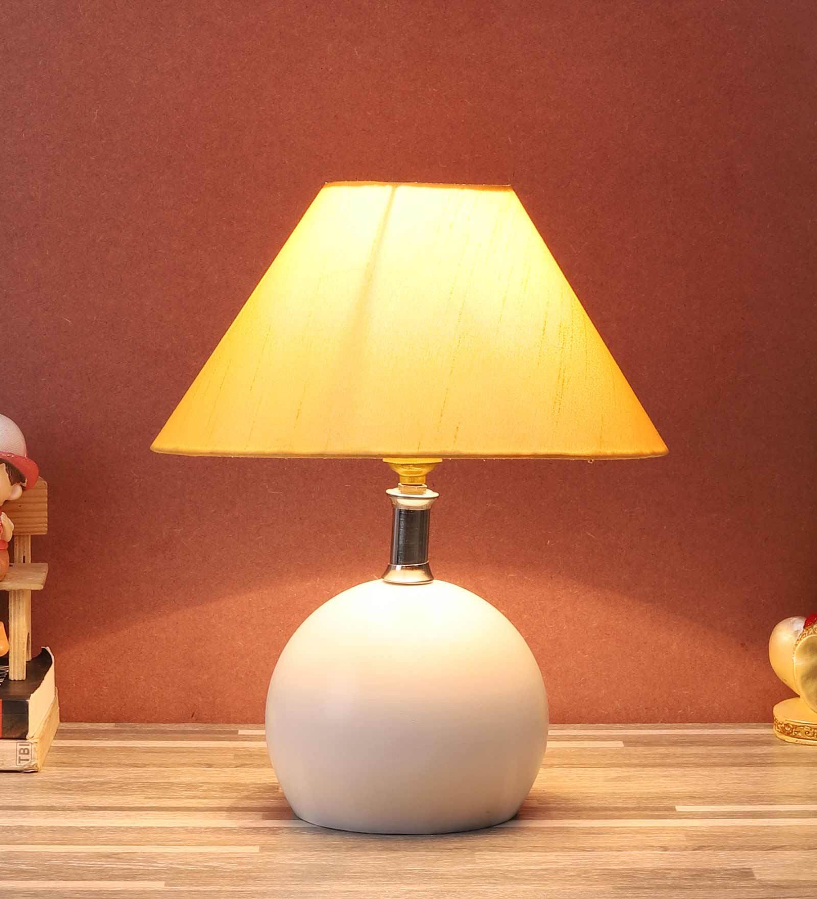 Beige Fabric Shade Table Lamp With White Base