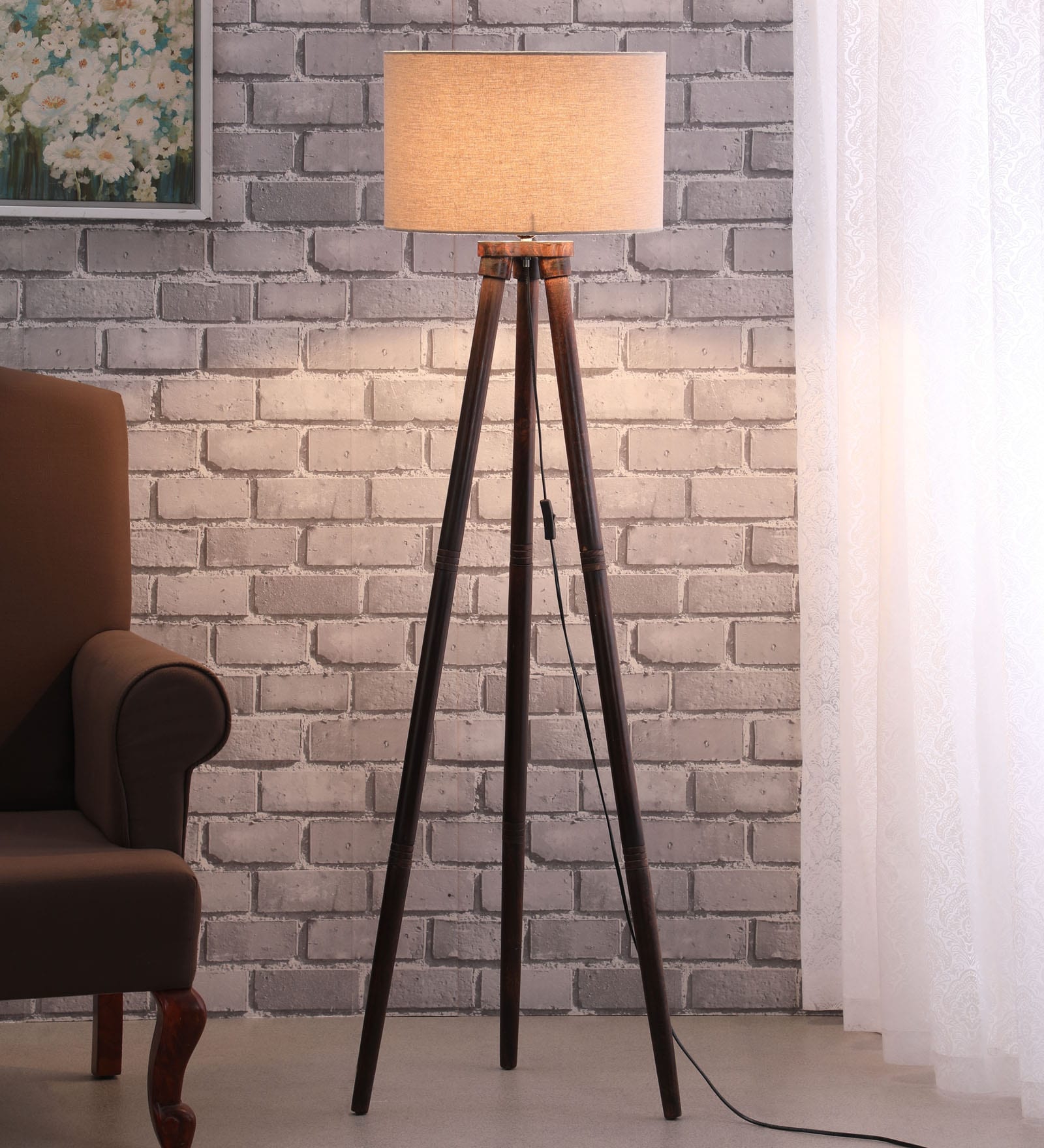 Catania Beige Fabric Shade Tripod Floor Lamp With Wood Base