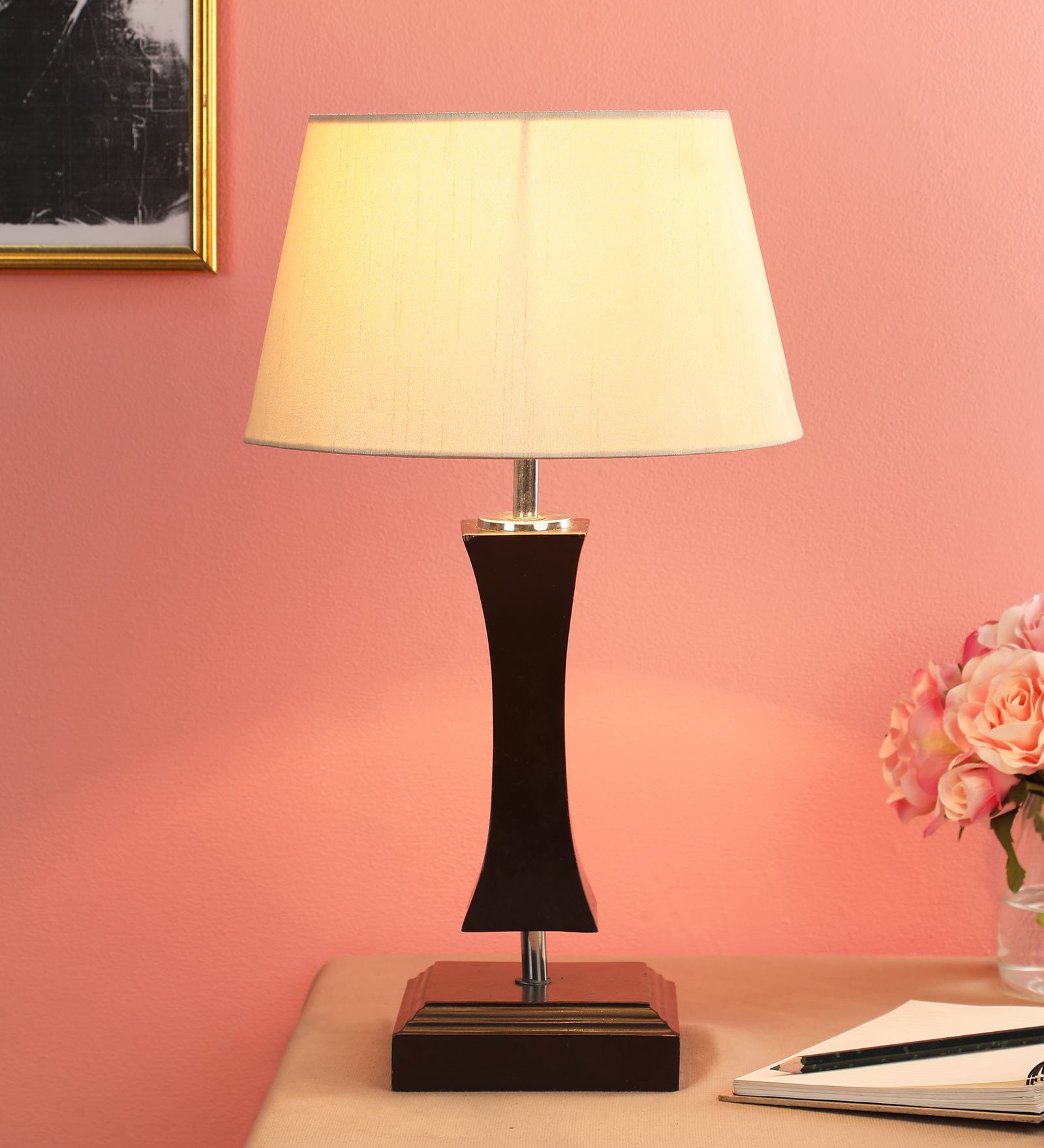 Callam Beige Fabric Shade Night Lamp With Metal Base