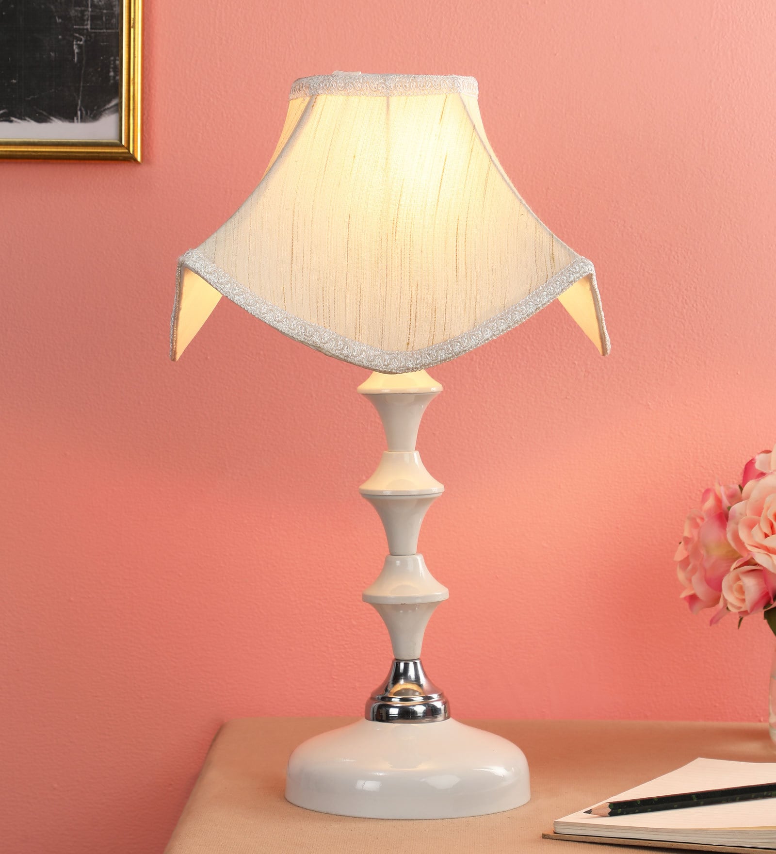 Beige Fabric Shade Table Lamp with White Base