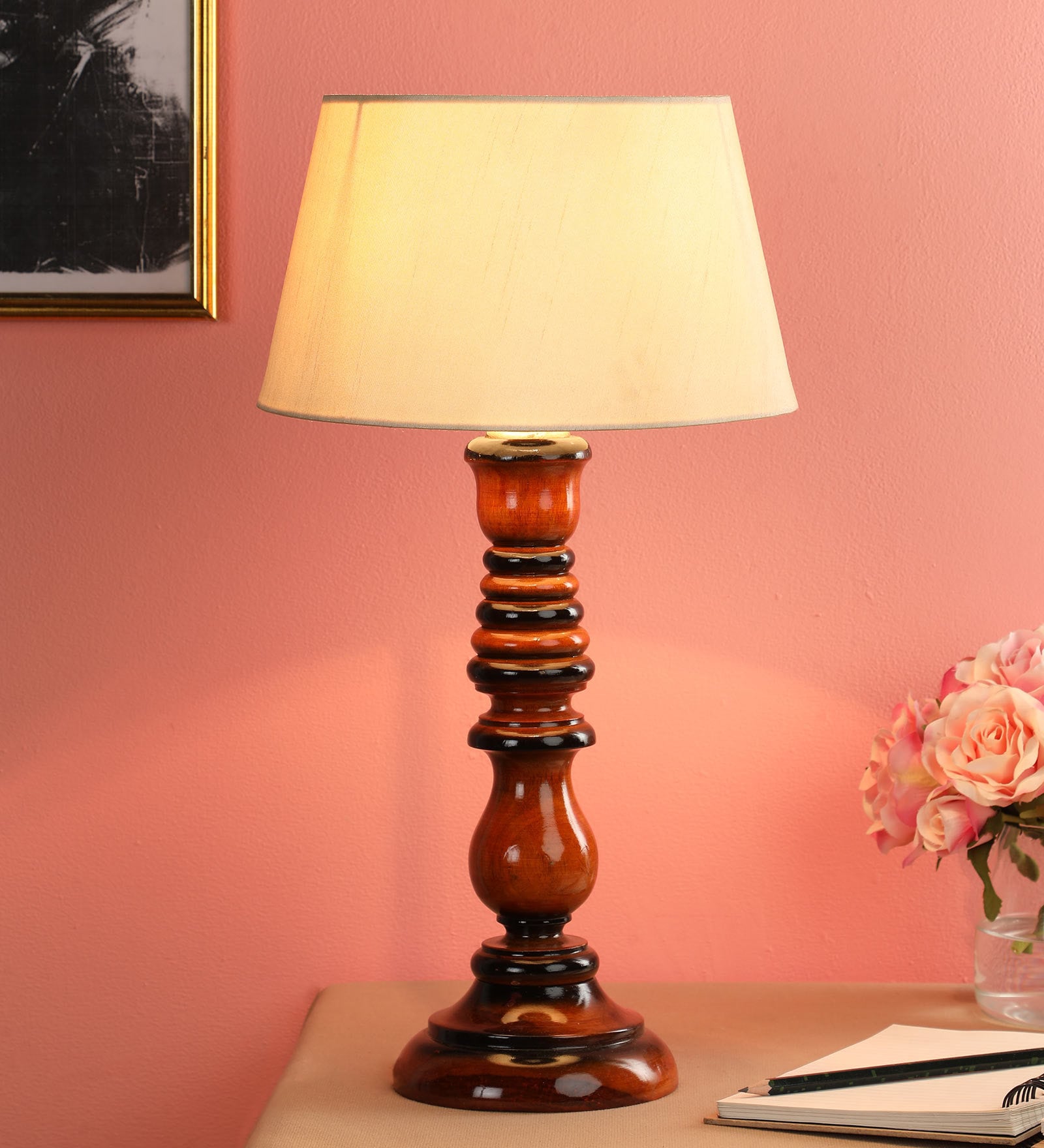 Beige Fabric Shade Table Lamp With Brown Base