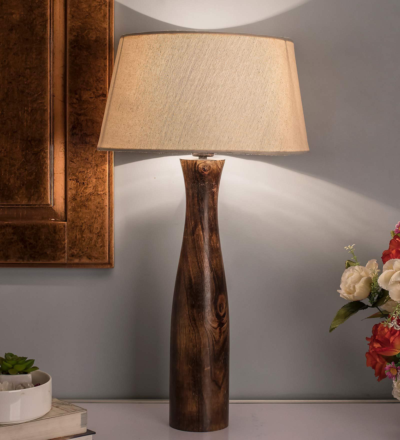 Beige Fabric Shade Table Lamp with Brown Base
